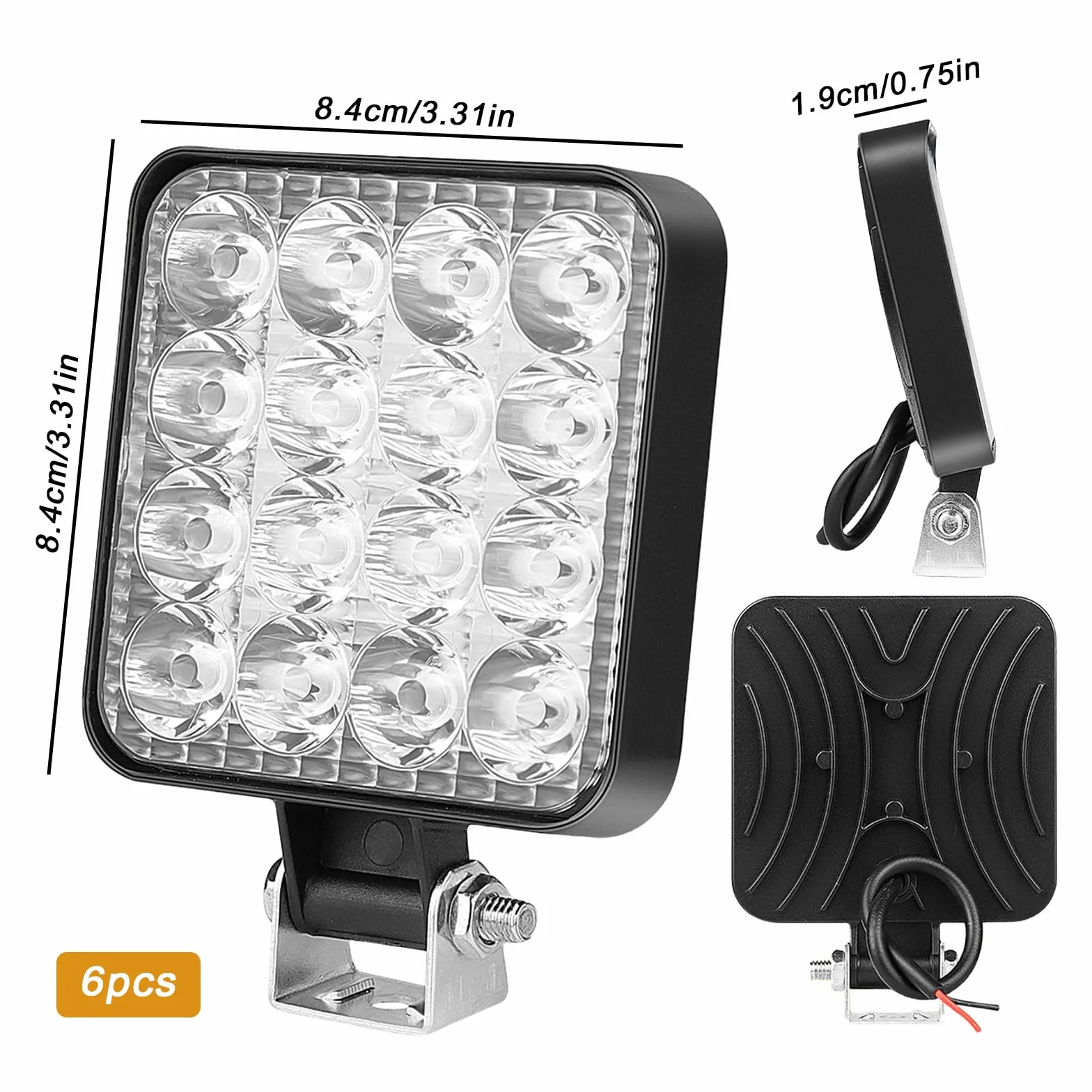 Sporgo 6 unidades de faros LED de trabajo: cuadrado 12 V 48 W LED Faro, Offroad Faros de marcha atrás faros de marcha atrás IP67 resistente al agua para excavadoras, tractores, remolcadores, ATV,