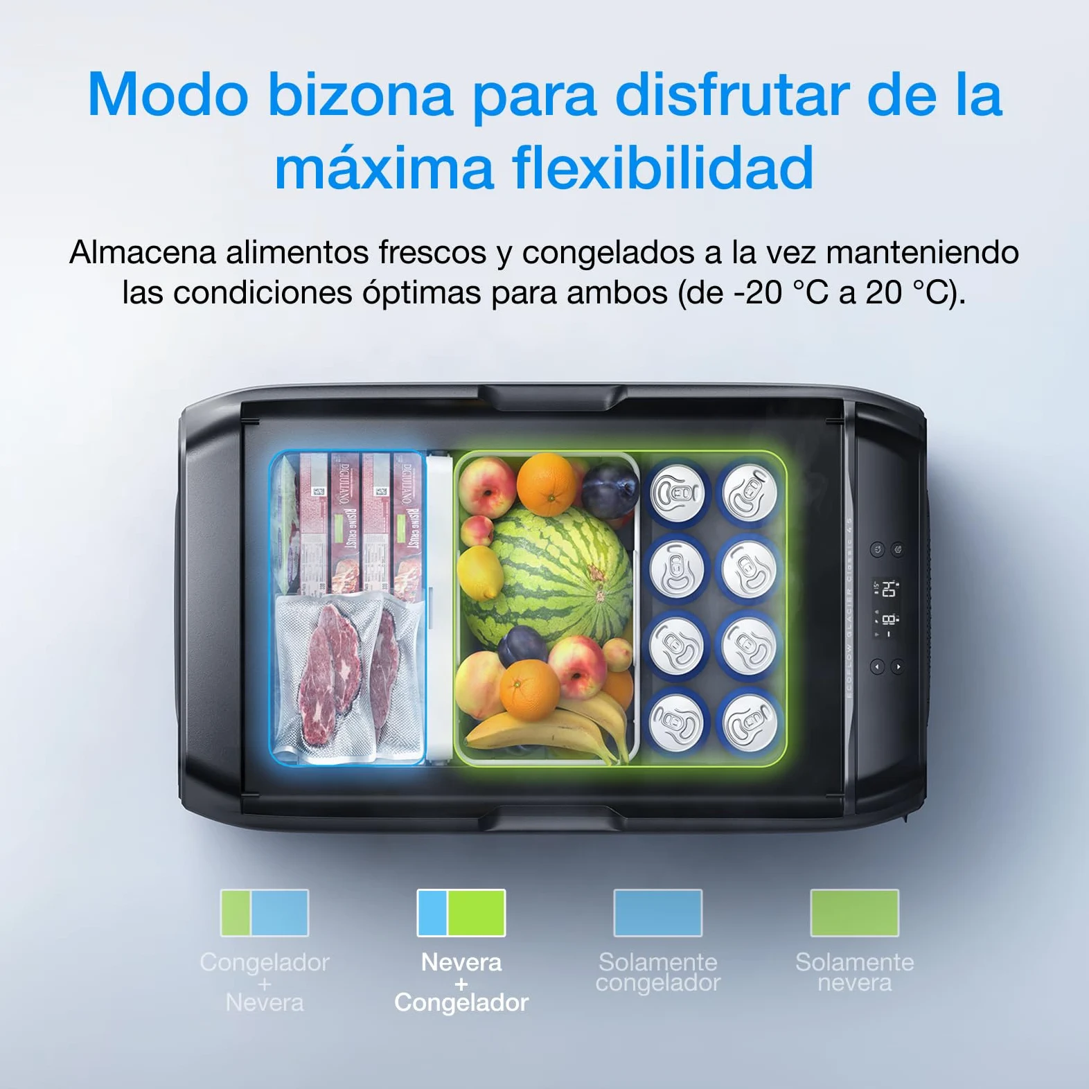 EF ECOFLOW Nevera portátil eléctrica GLACIER Classic 55 L, doble zona con batería 298 Wh, control APP, 39h de enfriamiento sin conexión a la red, carga por CA, solar y vehículo, para camping, viajes