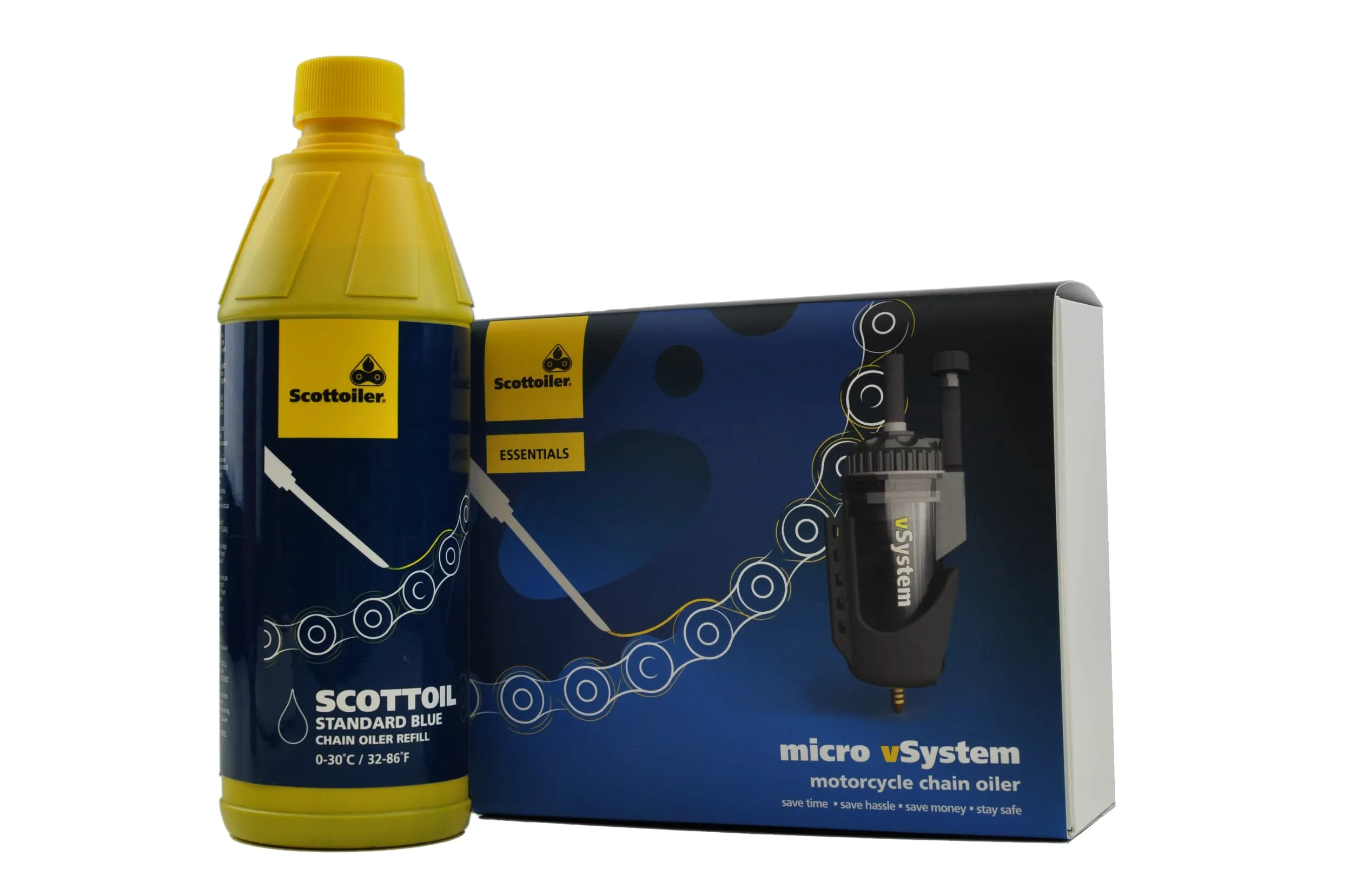 Scottoiler Essentials - Micro-vSystem - Lubricador Automático de Cadena de Motocicleta y Recarga de Scottoil Azul - Kit de Inicio BUNDLE