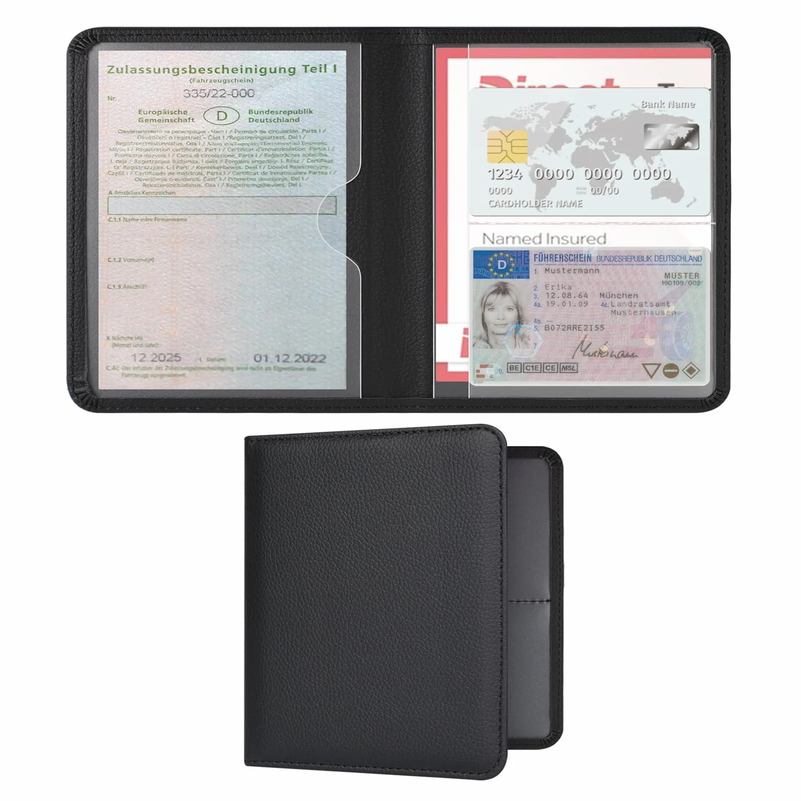RSAquar Porta Documentos para Coche – Funda Compacta de PU para Registro del Vehículo, Seguro y Permiso de Conducir – Organizador para Guantera (Negro)