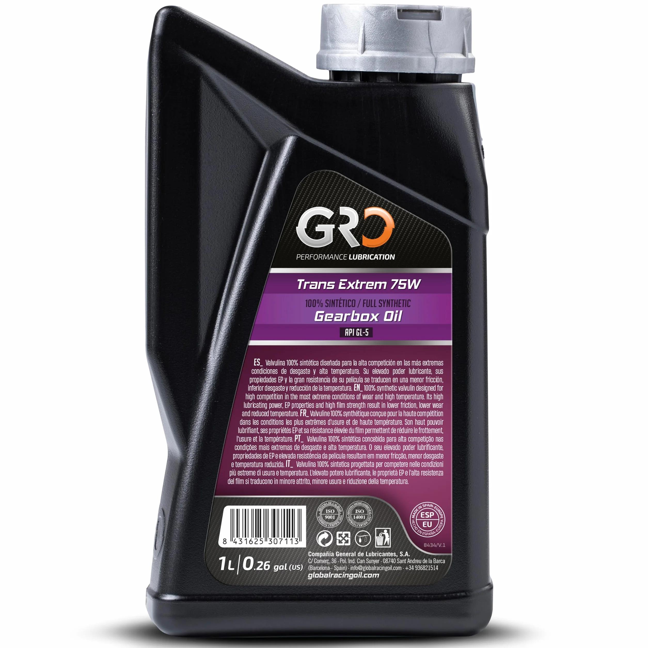 GRO Trans Extrem 75W - 1L - Lubricante 100% Sintético para Transmisiones de Motos de Trial, Enduro y Cross - Valvulina API GL-5 - Aceite Caja de Cambios Manual - Aceite para Engranajes Moto