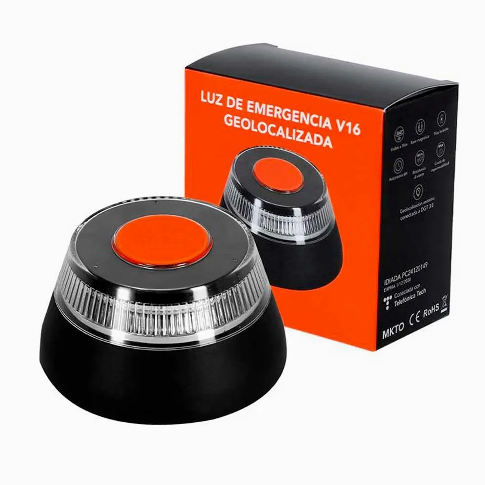 Luz de Emergencia V16 con Geolocalización – Baliza Homologada DGT 3.0. Señal V-16 para Coche con Aviso de Ubicación, con conexión de datos incluidos hasta 12/2038.