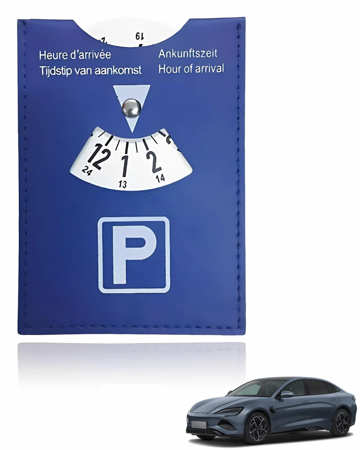 GRETY Disco Horario de Lujo Grande para Estacionamiento, Modelo Europeo Multilingüe, en Cuero Sintético Suave al Tacto, 10x13cm, para Coche, Moto, Azul