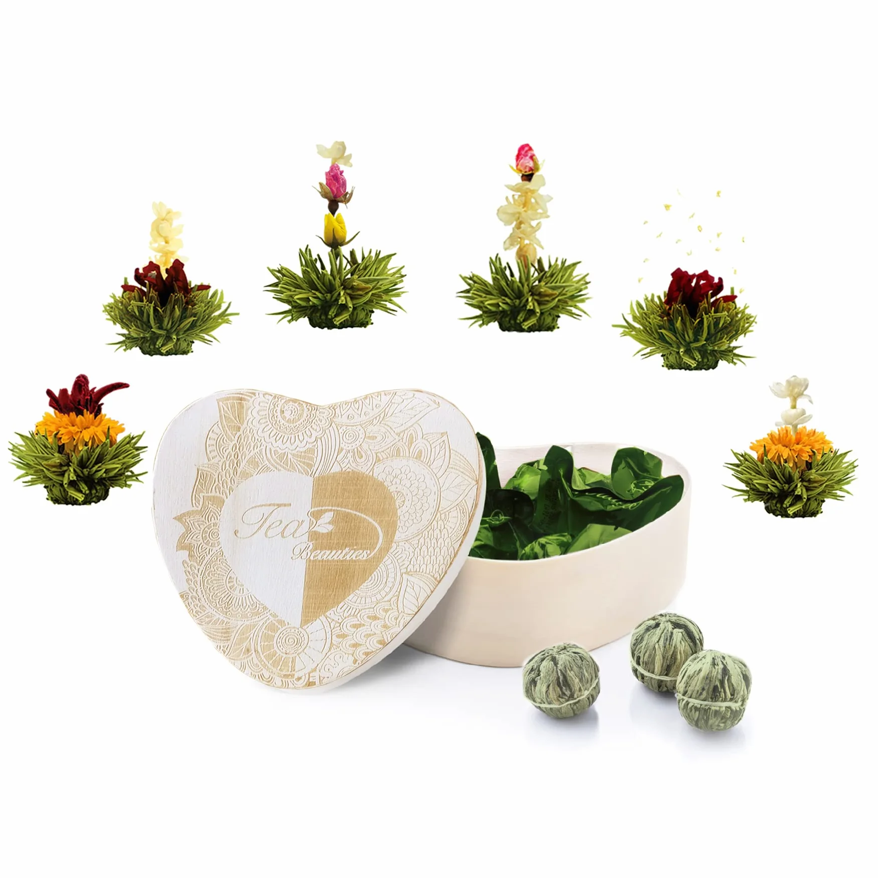 Creano Flores de Té Verde 6 uds Caja de Madera Corazón 6 Variedades Té Verde Aromatizado Regalo