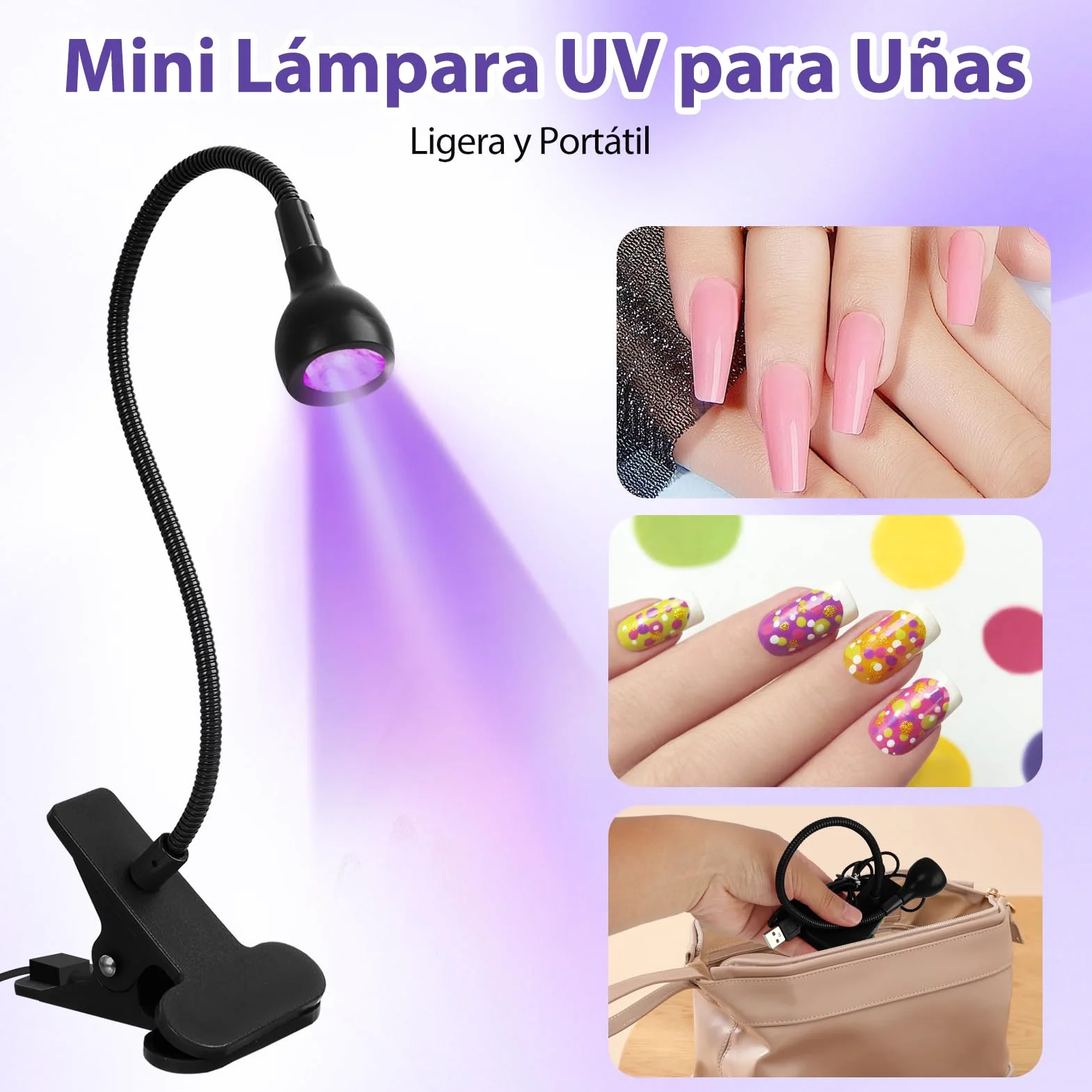 Lámpara de Uñas UV 5W LED Mini para Uñas de Gel Curado Rápido USB Ultravioleta con Clip Negro