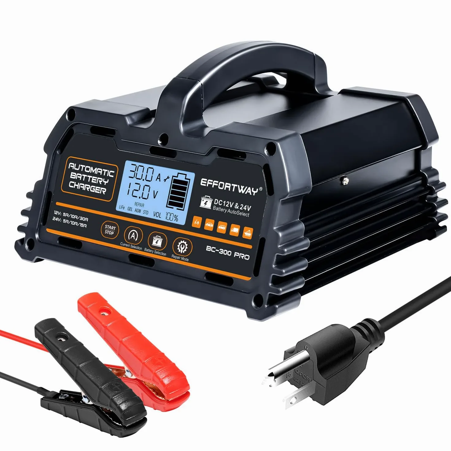 Cargador de batería de 30 A, 12 V/24 V, plomo ácido, 12 V LiFePO4. Cargador de batería inteligente con carga lenta. Mantenedor de batería de coche con pantalla LCD. Adecuado para camiones