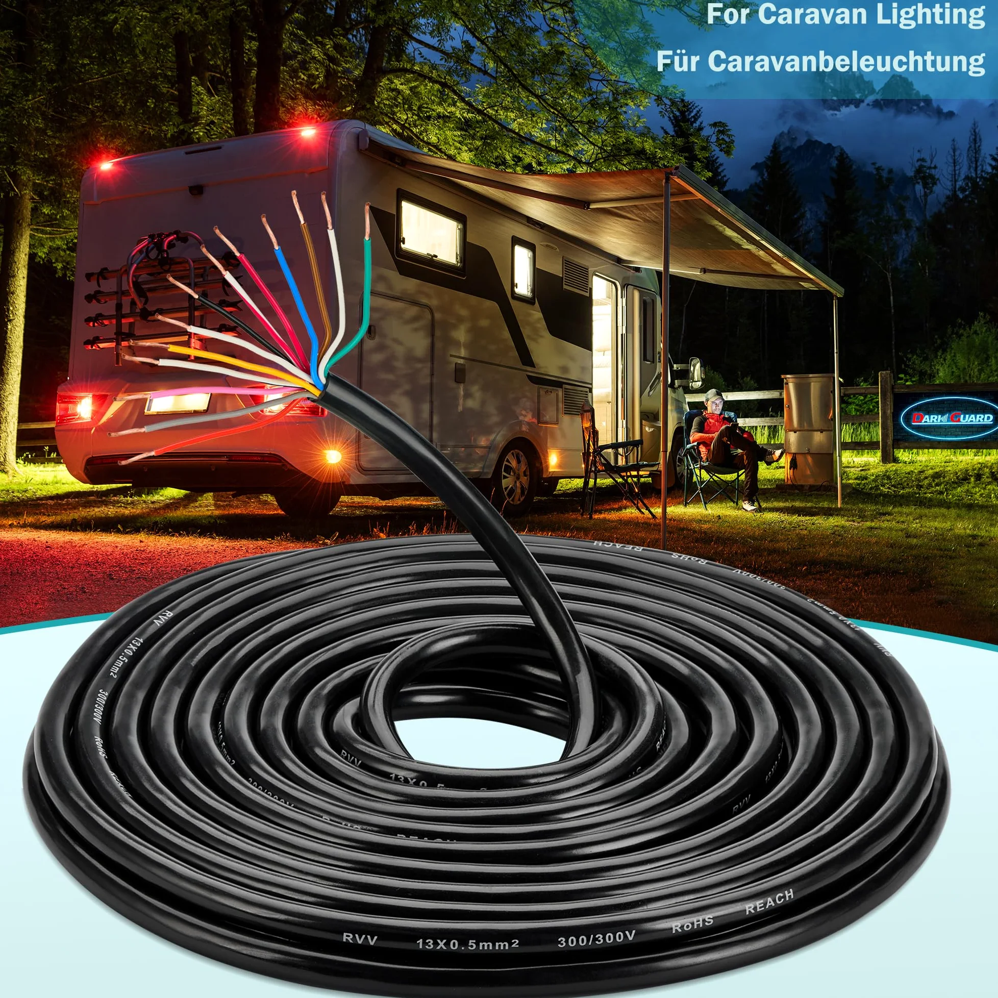 Cable de Remolque 13 Núcleos 0.5mm², 15M 12V/24V para Caravana Coche Barco Remolque
