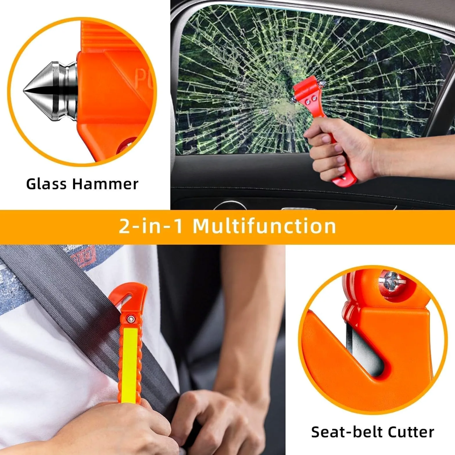 Martillo de Seguridad, Paquete de 50 Herramientas de Escape de Emergencia para Coche, Rompevientos de Coche y Cortador de cinturón de Seguridad con Cinta Reflectante Ligera para Coche Familiar