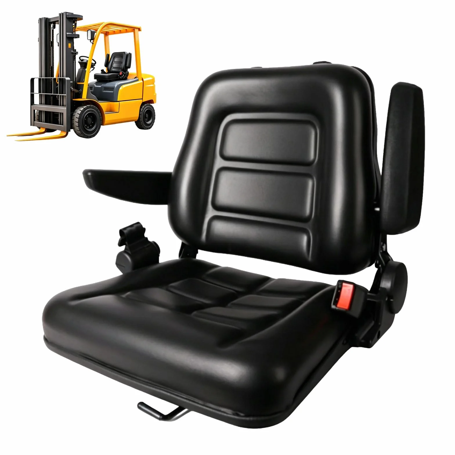 Asiento universal para montacargas, asiento de tractor con respaldo ajustable de 35°–180°, guía deslizante, apoyabrazos plegables y desmontables, cinturón de seguridad retráctil para montacargas