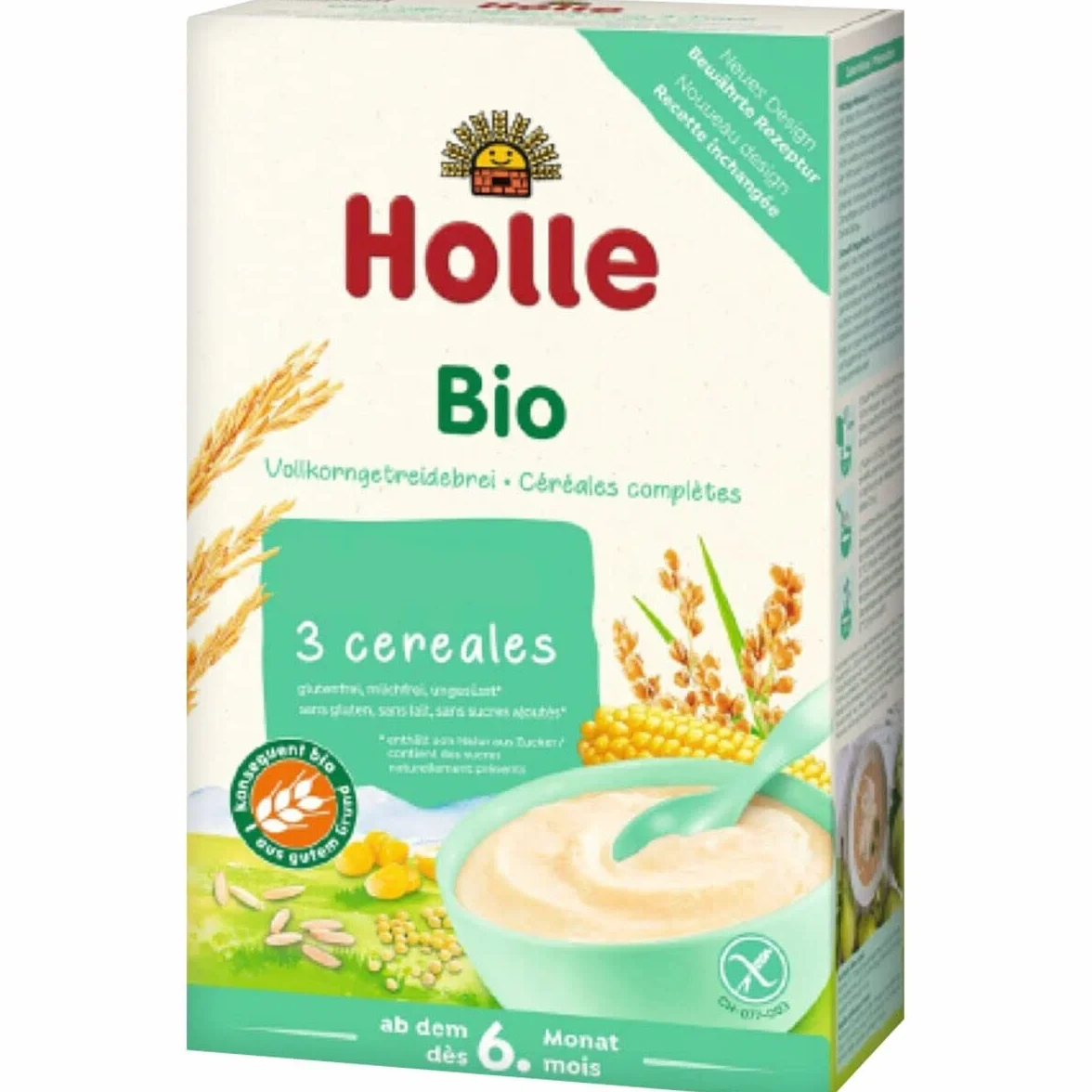 HOLLE Eco-Bio papilla 3 cereales integrales ecológicos sin gluten 6º mes 250 g