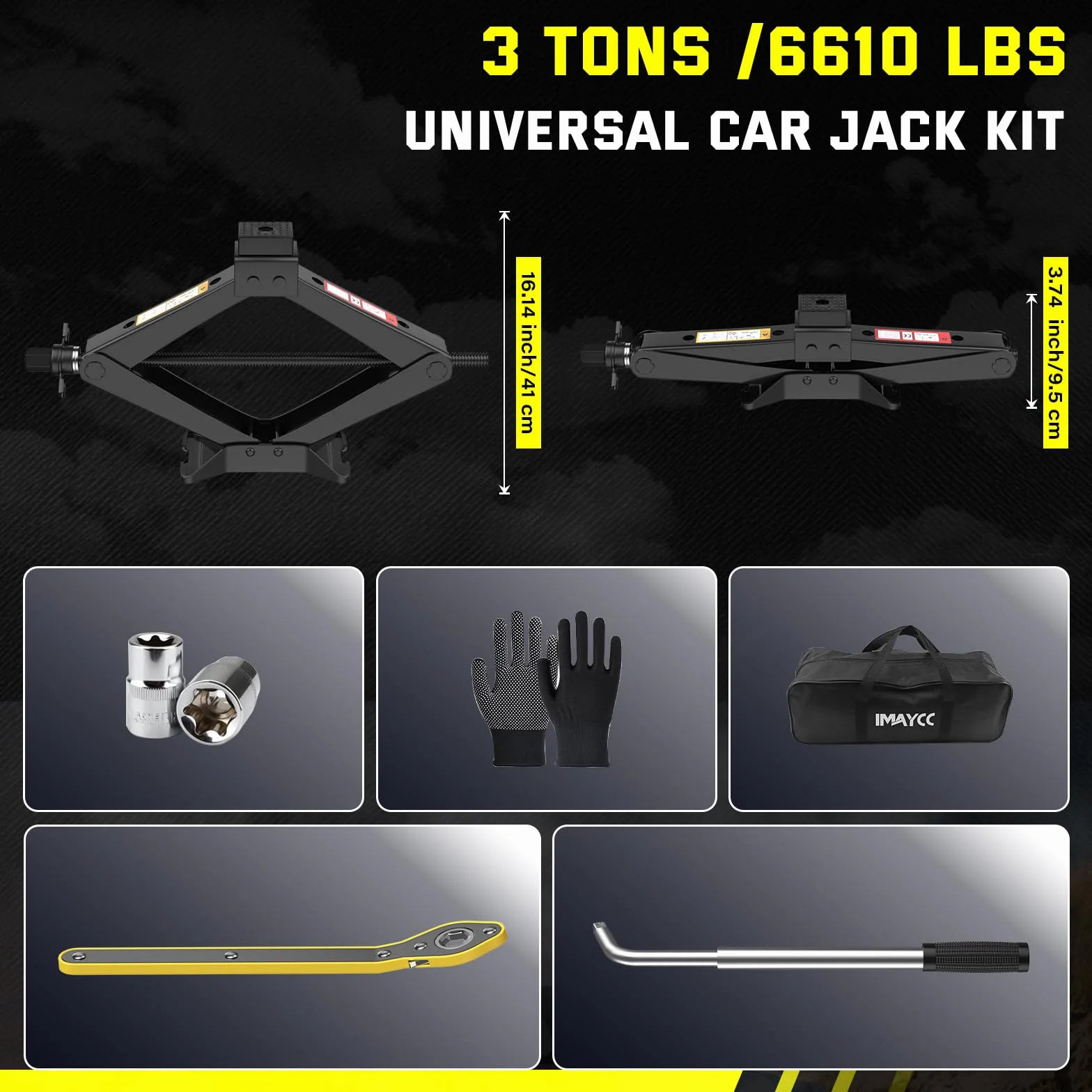 Kit de gato de tijera para coche de 3 toneladas de 3,000.1 kg, kit de cambio de neumáticos de repuesto, kit de reparación de gato de neumático portátil con llave de lengüeta, gato de elevación de