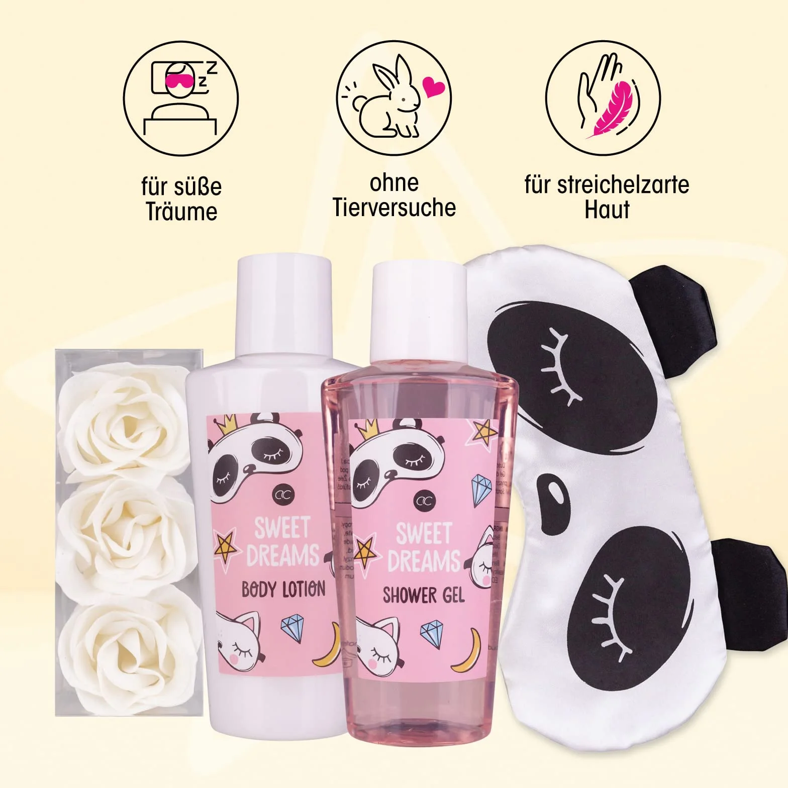 Set de regalo para mujer Sweet Dreams de Accentra - Antifaz de panda, gel de ducha, loción corporal y confeti de baño de rosas
