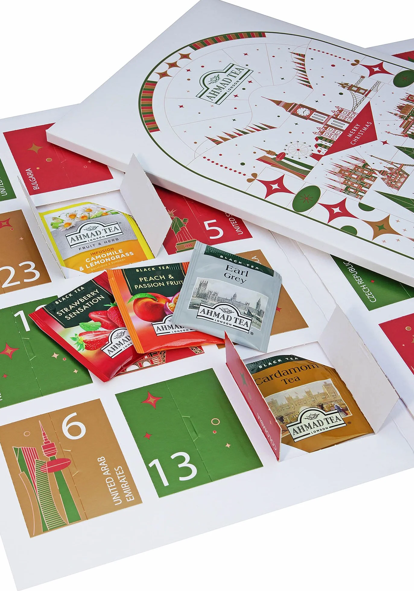 Ahmad Tea Té Calendario de Adviento 2025 - Calendario de Escritorio Plegable - 24 Bolsitas de Té Diferentes - 46,8g