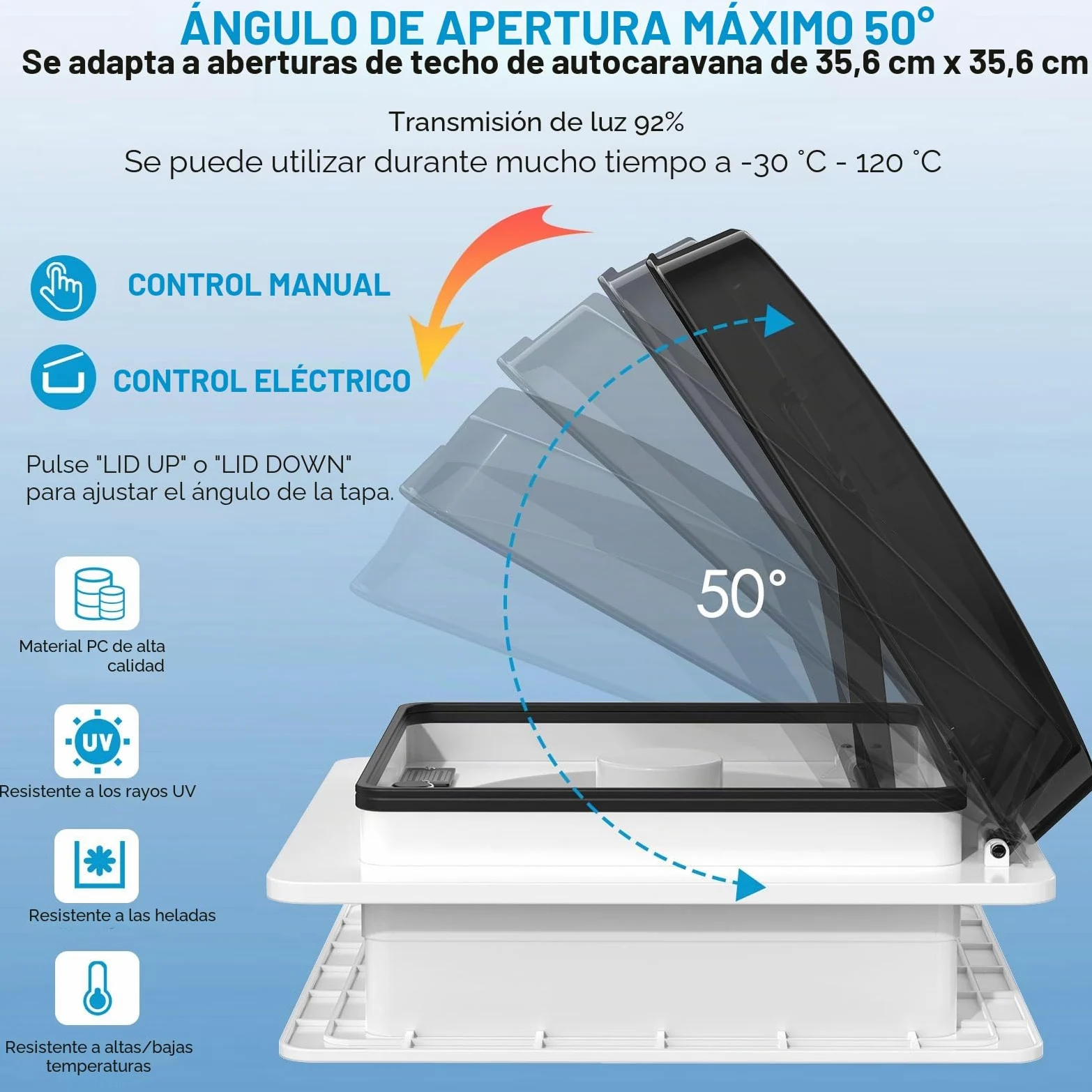 2012 Ventilador de ventilación de techo para caravanas, Nivel de ruido ultrabajo de escape reversible con sensor de lluvia, ventilador permanente de nivel automático para autocaravana camper