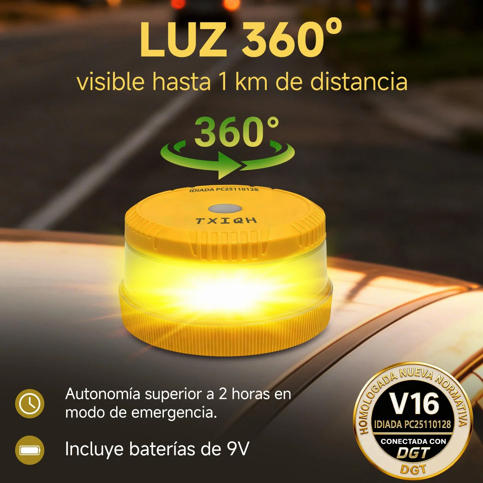 Baliza V16 Homologada DGT con Geolocalización y Conexión DGT 3.0, MOD100 PLUS LED 360°, IP54