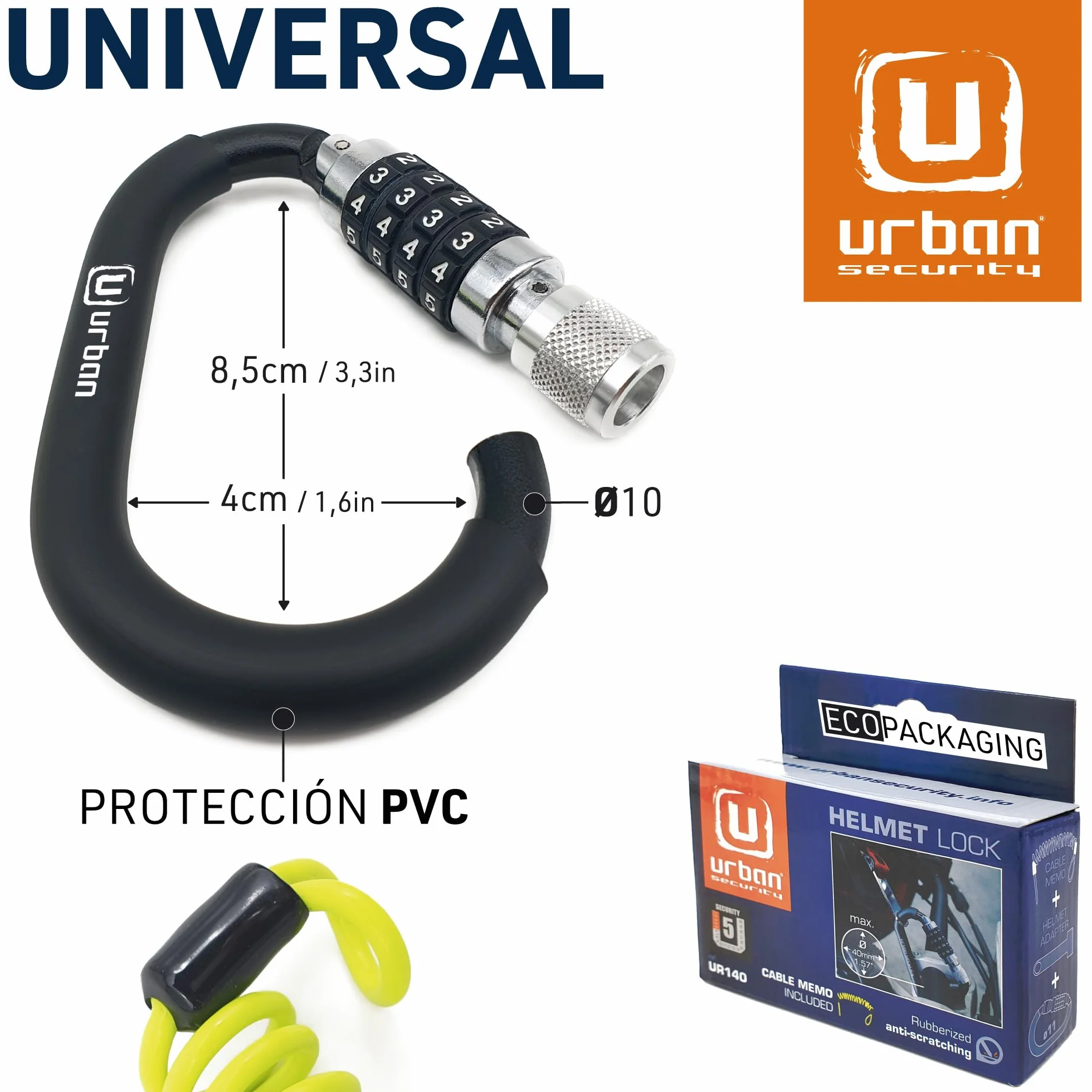 URBAN UR140 Candado Casco Moto, Mosqueton con Código 4 Digitos Más Seguro, Adaptador T Hebilla, Cable Seguridad Acero Trenzado Más Visible, Accesorio Antirrobo Universal para Casco Moto Bicicleta
