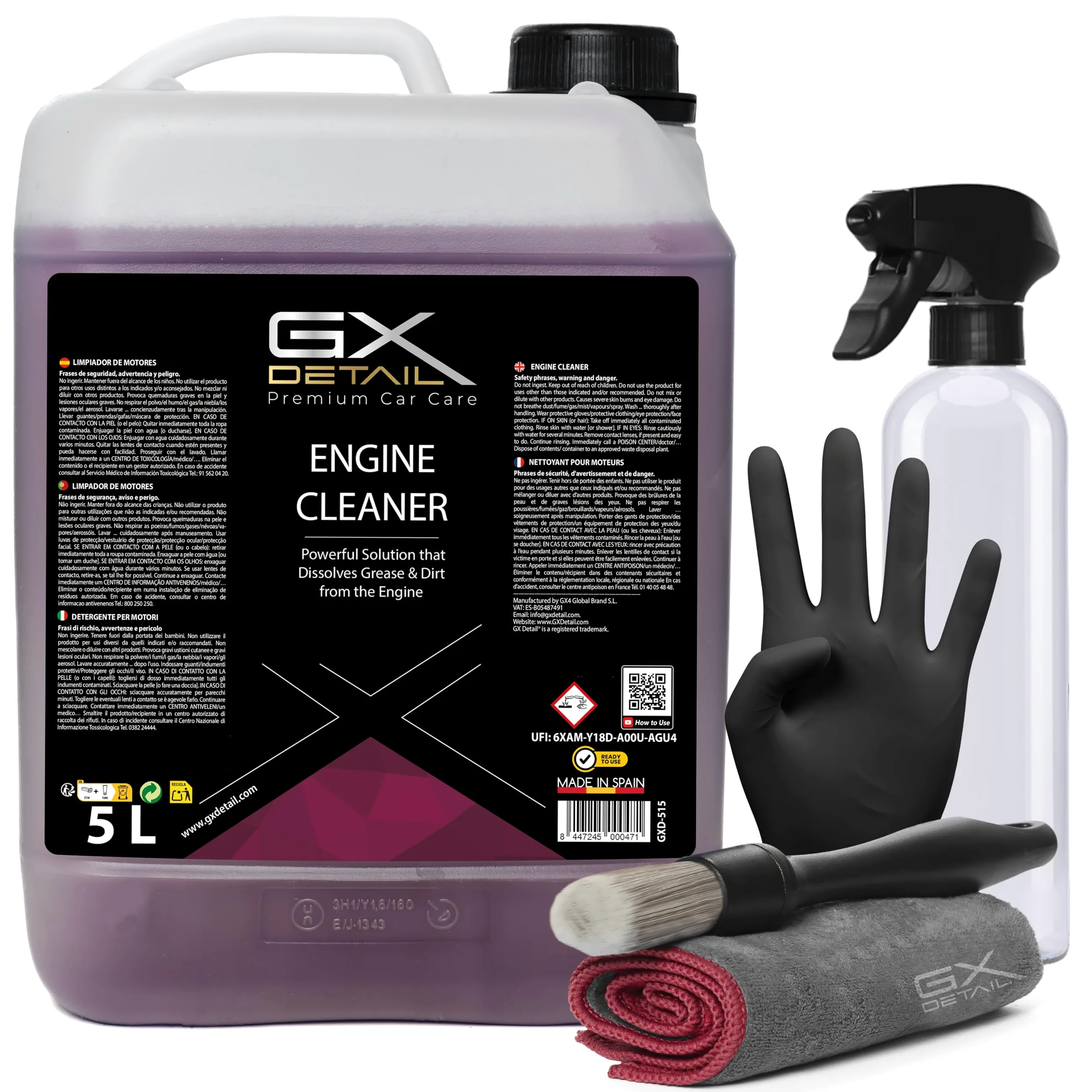 GxDetail Limpia Motores Premium para Coche 5 Litros – Desengrasante Potente y Seguro – Elimina Grasa, Aceite y Suciedad – Protección y Brillo Profesional – Fácil Aplicación.