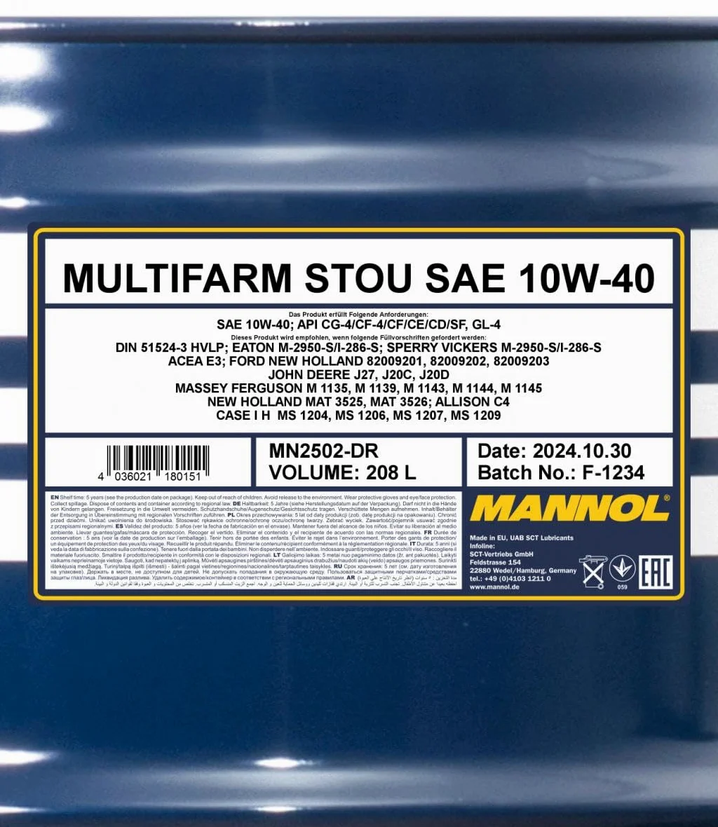 MANNOL Aceite de motor 10W-40 Multifarm Aceite mineral ACEA E3 API CE API CD API SF API GL-4 API CG-4 API CF-4 API CF STOU 208L Compatible con MERCEDES-BENZ Clase E Sedán W211 190 W201 W124 Sedán W124 | Semisintético para motores diesel y cajas de cambios