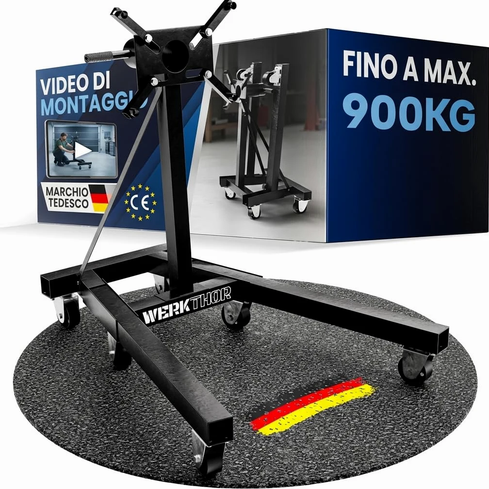 WERKTHOR Soporte de motor para coche, 900 kg, profesional, para camiones y V8, soporte de motor giratorio 360°, carga pesada, caballete negro XXL estable, soporte de montaje para diésel y bloque