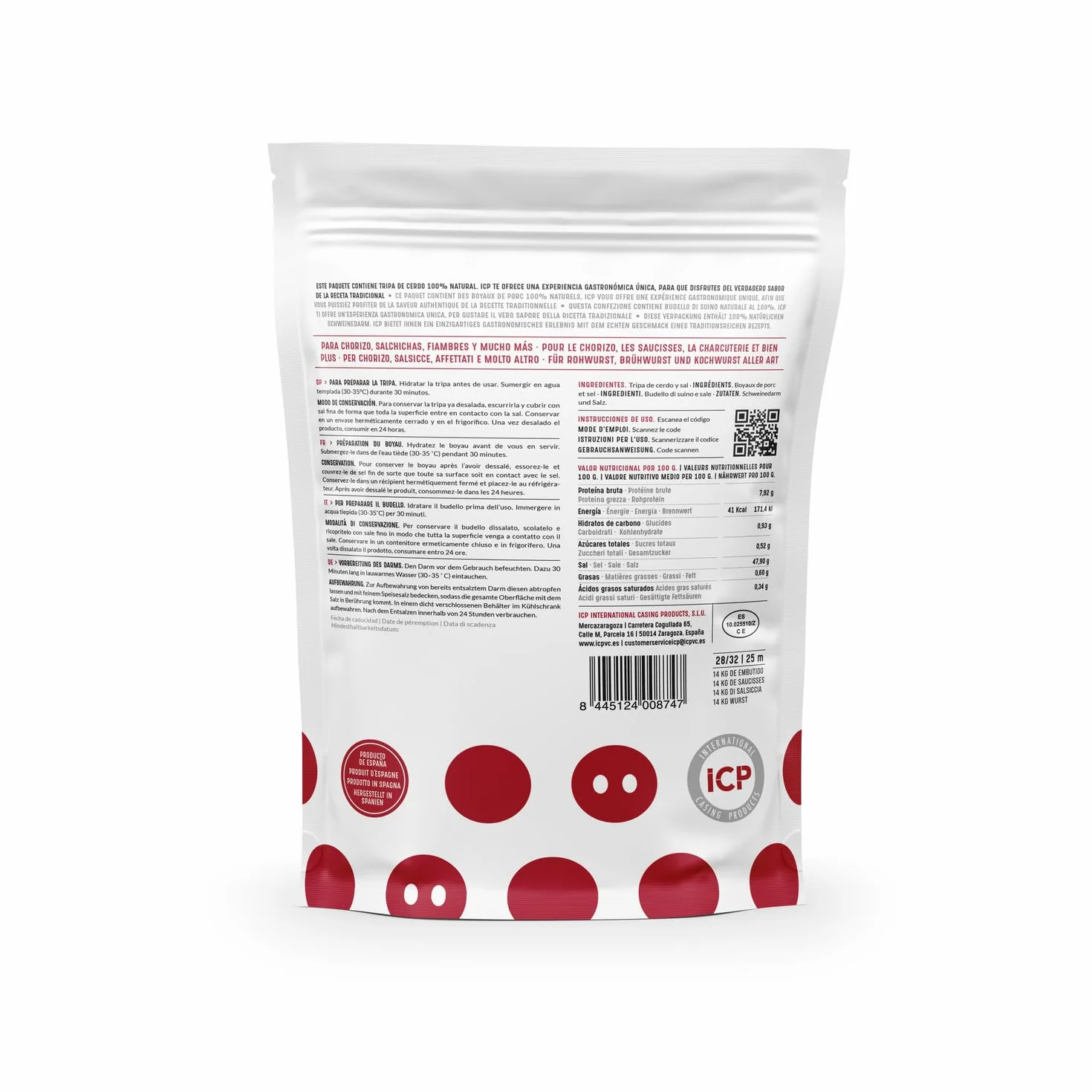 Tripa natural de cerdo para embutidos 25 m Calibre 28/32 Estuche con Cierre Hermético ICP