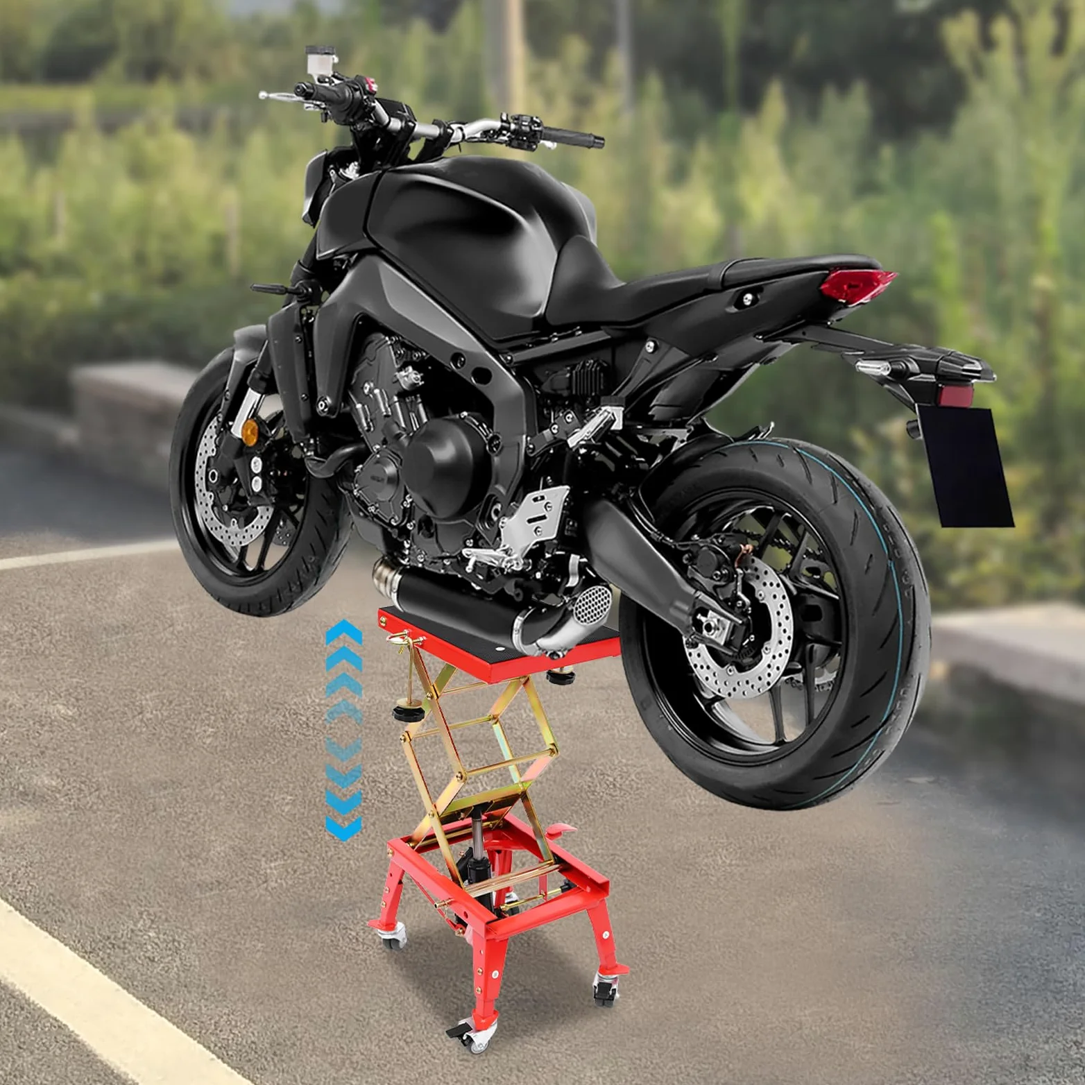 Plataforma elevadora hidráulica de motocicleta, altura ajustable, con 2 ganchos en J, suministrado con ruedas, rendimiento sin deformación, para talleres de reparación de automóviles, tiendas de