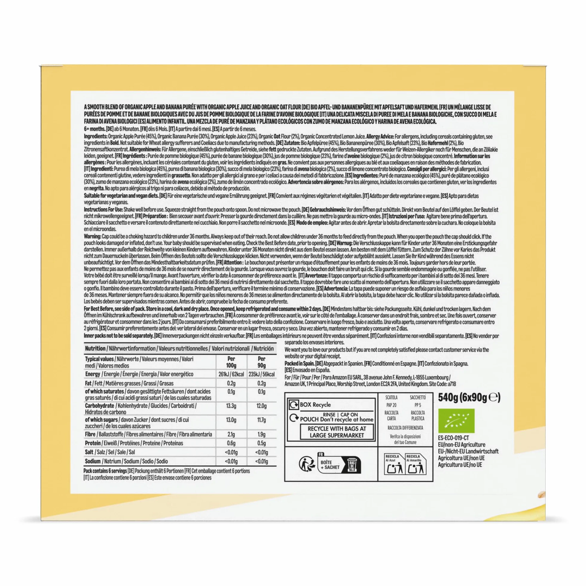 Mama Bear Bolsitas de Puré de Manzana, Plátano y Avena Ecológico - 6 x 90g