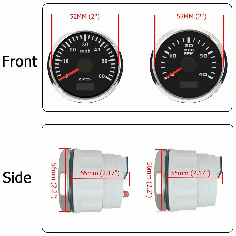 ELING Velocímetro GPS de 52 mm 0 – 60 MPH con 4000 rpm tacómetro velocímetro con contador de horas de funcionamiento retroiluminado 12 V 24 V para excavadora de barcos