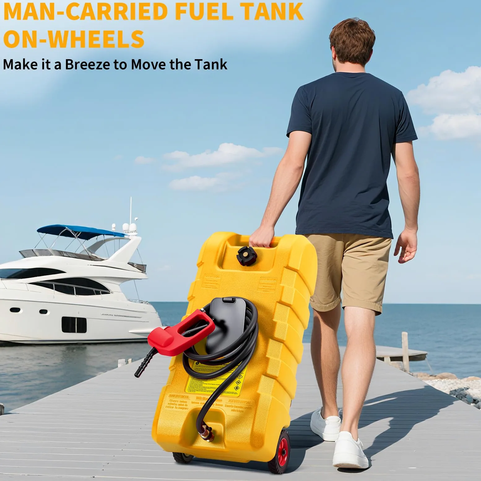 Bidón de combustible móvil con ruedas | Depósito de combustible HDPE con manguera de 10 pies, válvula de latón y pistola de combustible, bidón de gasolina, apto para coche, barco, ATV, cortacésped