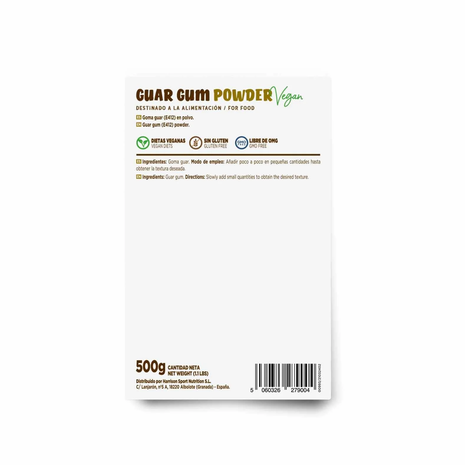 Goma Guar en Polvo 500g Sin Sabor Espesante Natural Vegano No-GMO Sin Gluten