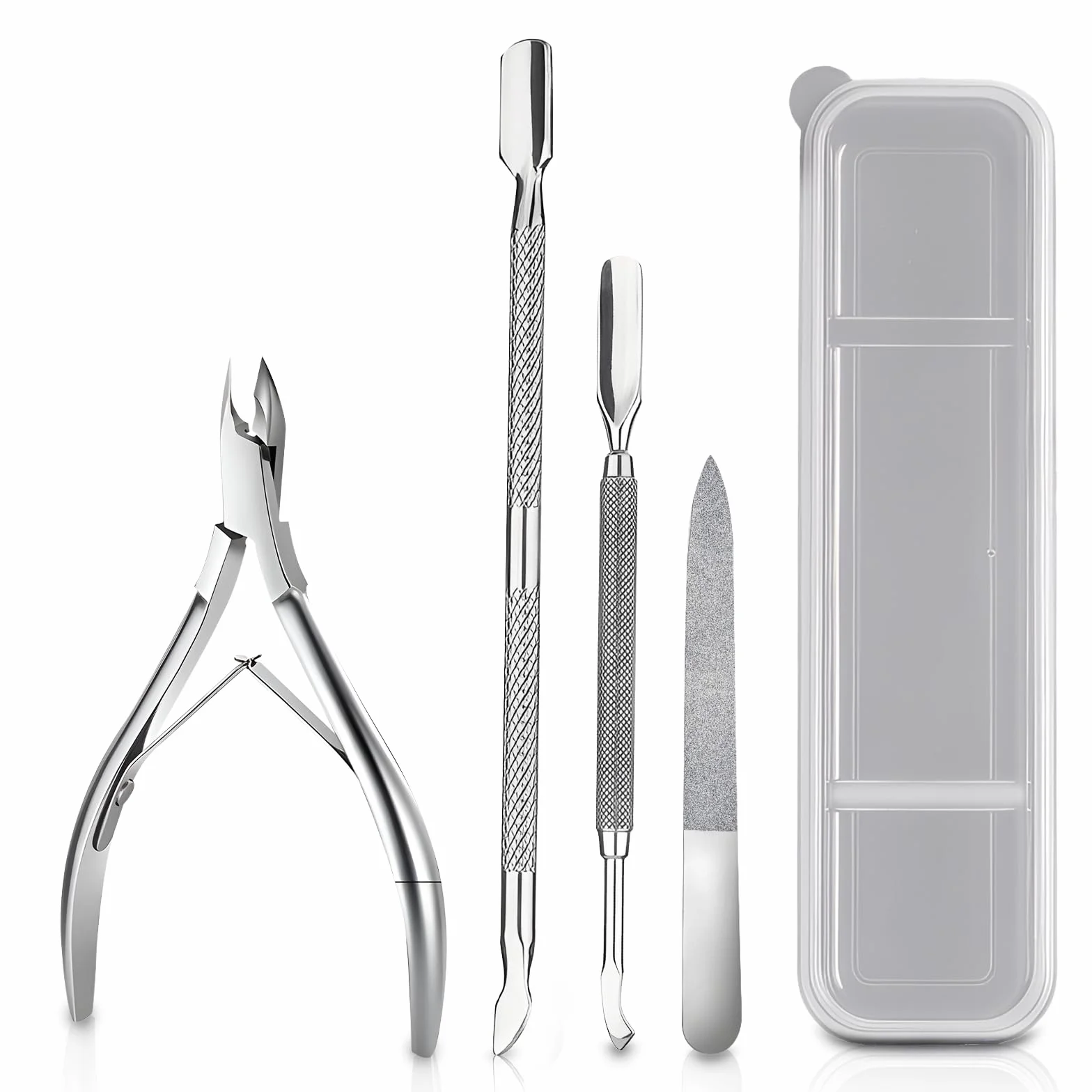 Set Manicura y Pedicura Profesional 4 en 1 – Cortacutículas, Lima de Uñas y 2 Empujadores de Cutículas de Acero Inoxidable – Kit Corta Uñas Adulto, Removedor de Cutículas, Ideal para Viaje