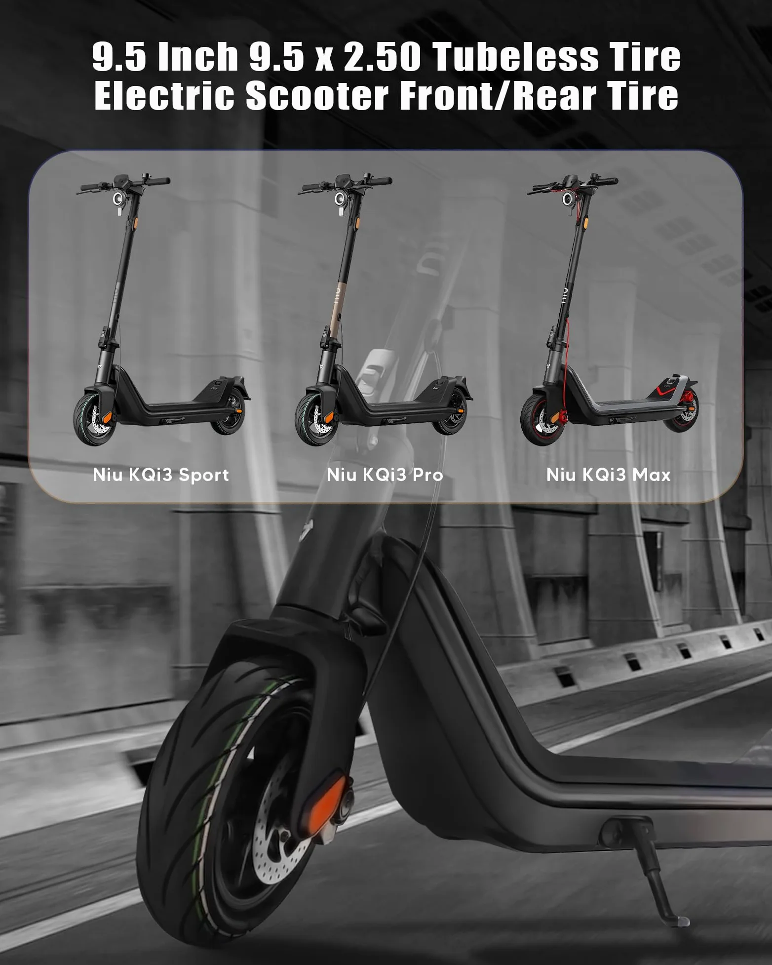 Neumático sin cámara de 9.5 x 2.50 de 9.5 pulgadas con pegamento vivo reparable para accesorios de scooter eléctrico NIU KQi3/Pro/Max, reemplazo de rueda delantera trasera, antideslizante,