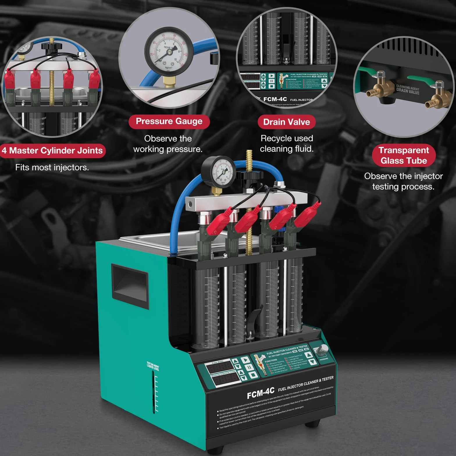 PLAYOCCAR Kit Limpiador y probador de inyectores de Combustible, 4 Cilindros, ultrasónico, para Coches y Motocicletas de Gasolina y diésel