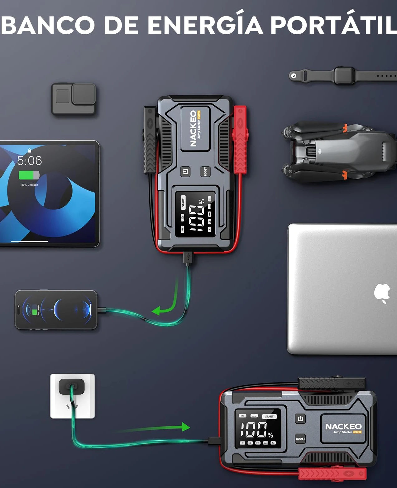 Arrancador de Coches 8000A 12V Jump Starter con Cables Integrados Linterna LED