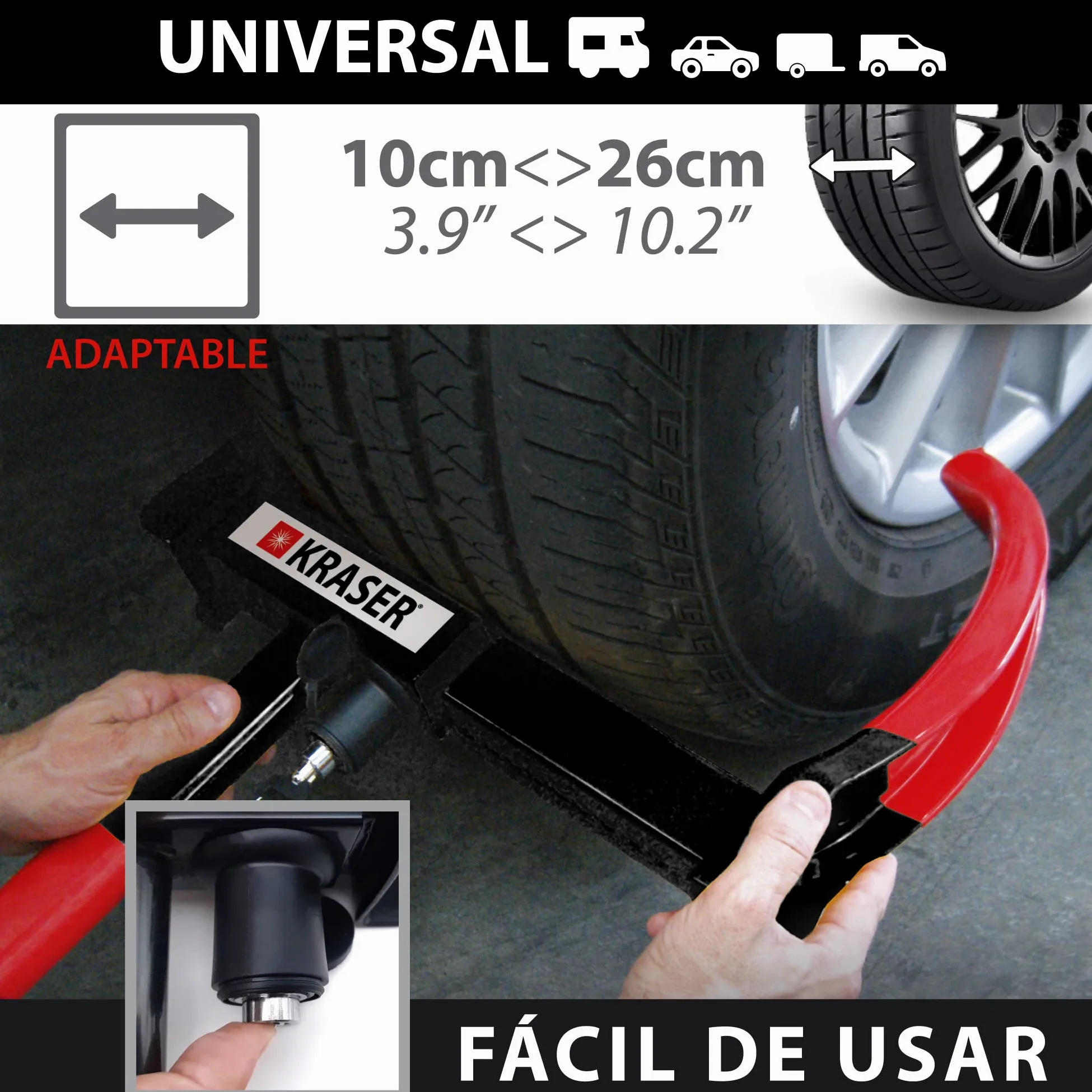 KRASER KR820 Cepo Coche Antirrobo, N1 Alemania, Testado Anti Taladro, Protección Que tranquiliza, Inmovilizador Cepo Rueda, Antirrobo Coche, Universal Caravana, Remolque, SUV, Furgoneta, Moto