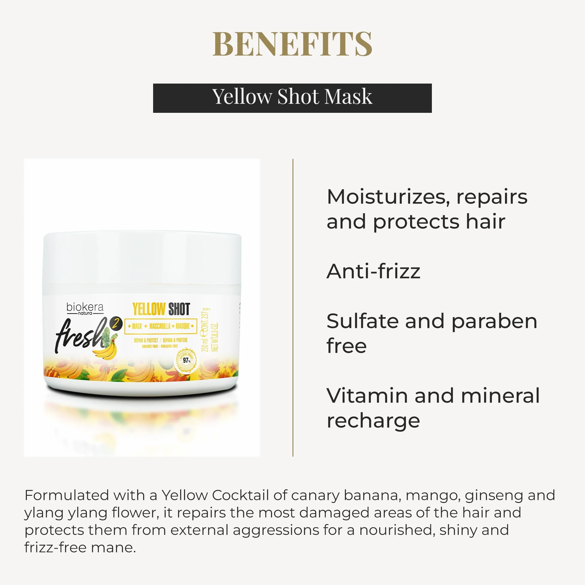 Biokera Fresh Yellow Shot Mascarilla Reparadora Cabello Dañado 250 ml Antiencrespamiento Sin Sulfatos Parabenos
