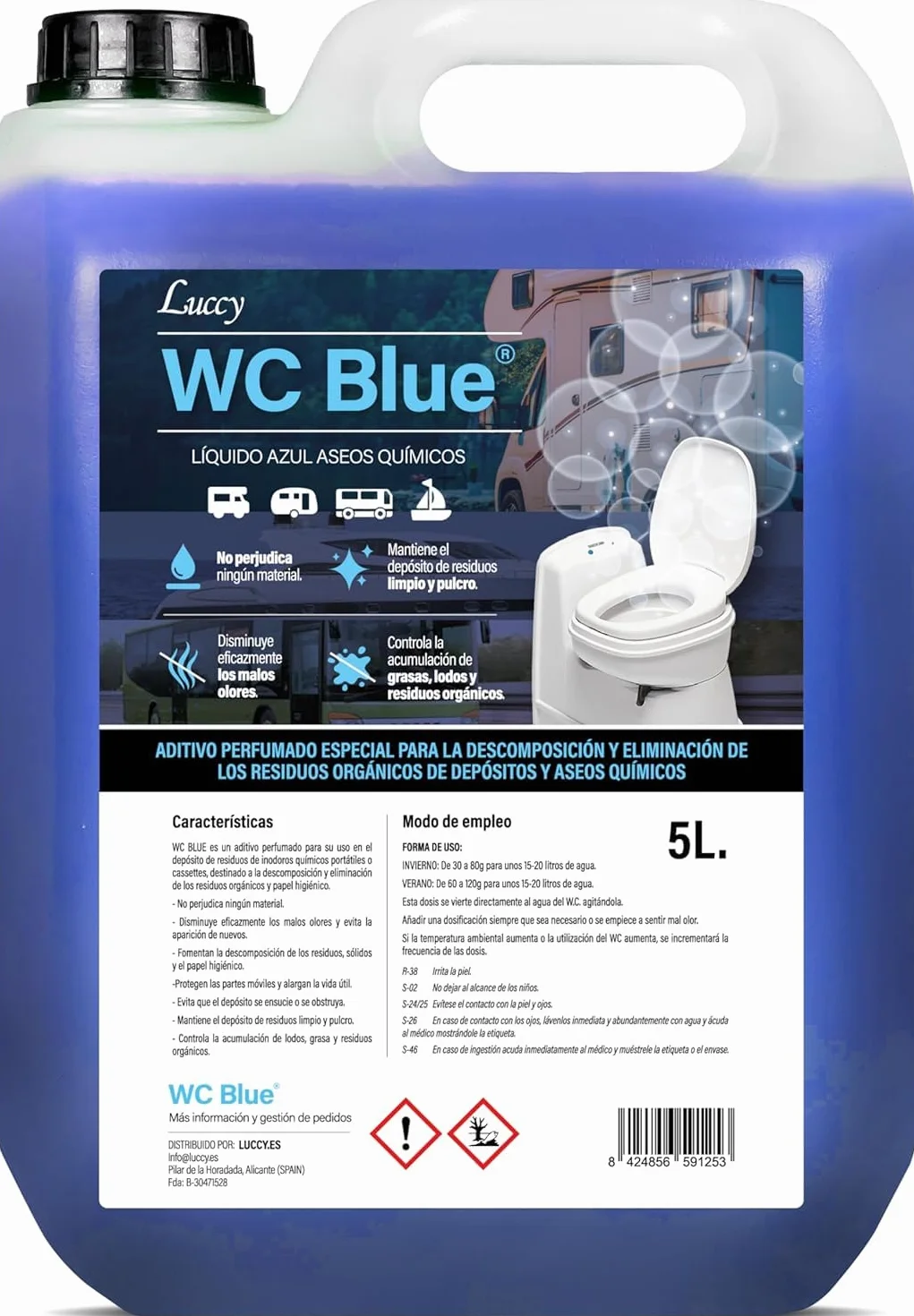 WC Blue 5 L. aditivo para aguas negras, depósito de residuos, Sanitary Fluid para caravanas