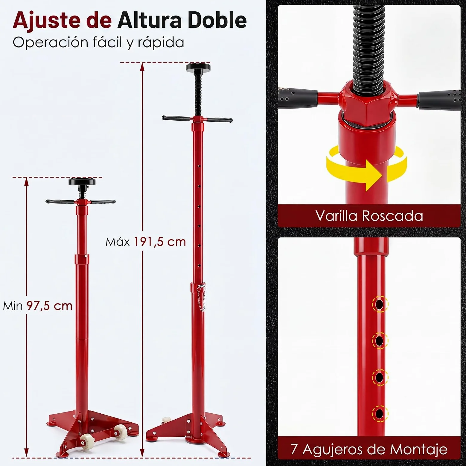COSTWAY Soporte de Gato, Gato Telescópico con Ruedas, Capacidad de 750 kg | Altura Regulable de 97,5-191,5 cm, Asas Antideslizantes, Plataforma de Goma, para Tareas de Reparación