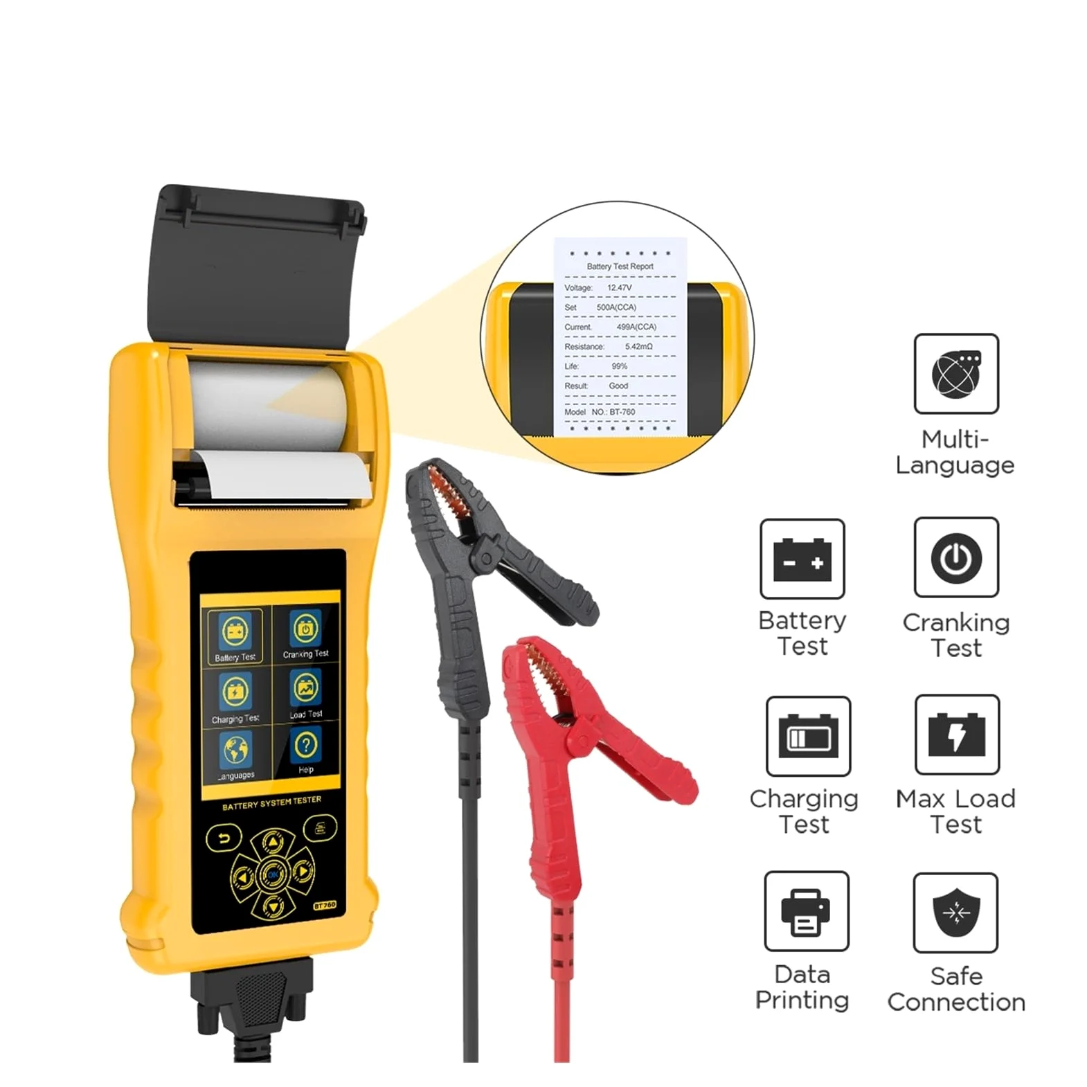 Comprobador de baterias, Probador de batería de coche BT760 con impresora térmica, prueba de carga máxima de carga de arranque de batería multilingüe for vehículo