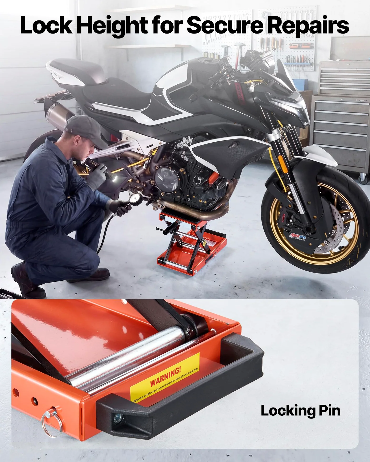 VEVOR Gato Elevador Tijera para Motocicletas 38,5 x 23 cm, Plataforma Elevadora Capacidad de 680 kg, Caballete para Moto Elevación de 105-350 mm para Talleres, Garajes Mecánicos, Naranja y Negro