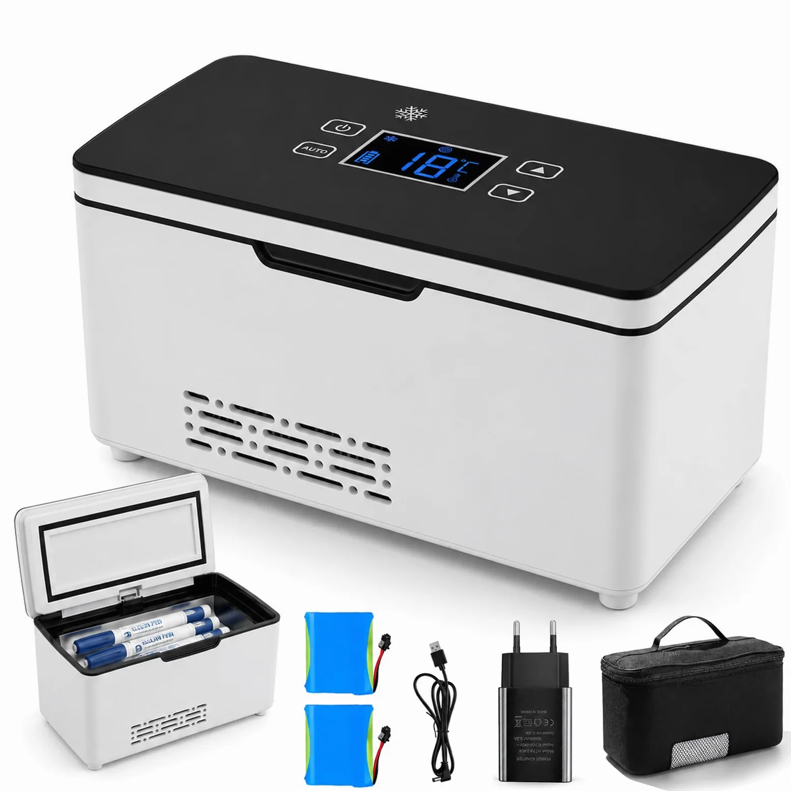 Refrigerador eléctrico portátil para insulina con dos baterías recargable, mini refrigerador, insulina y péptidos, pantalla LED, temperatura ajustable de 0 a 18 °C, uso en casa, viajes y en el coche