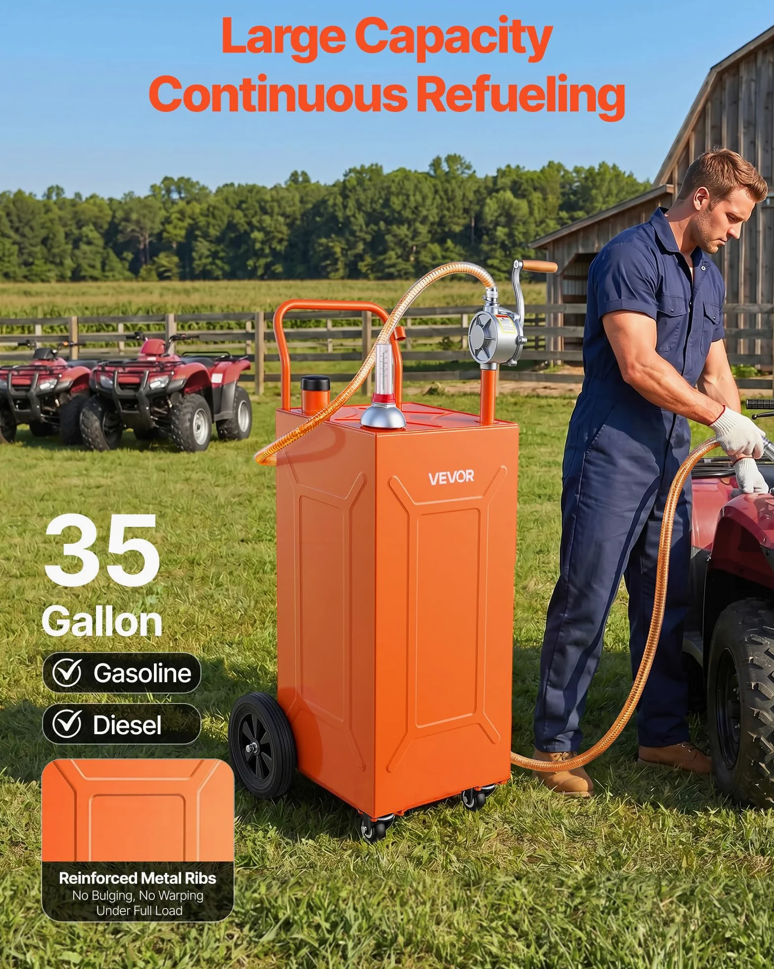 VEVOR Carro de Combustible de 132,5 L con Depósito de Gasolina y Diésel, Tanque de Combustible con Bomba Manual de Trasvase Bidireccional, 4 Ruedas, Acero al Carbono, para Granja, Garaje y Exterior