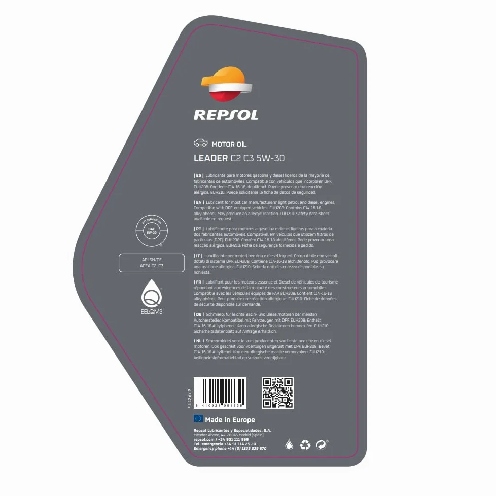 REPSOL Aceite de motor 5W-30 Leader aceite ACEA C2 ACEA C3 API SN API CF C2 C3 5L Compatible con OPEL Corsa C Hatchback X01 Astra G CC T98 Astra G Caravan T98 Zafira A Monovolumen T98 Astra F CC T92