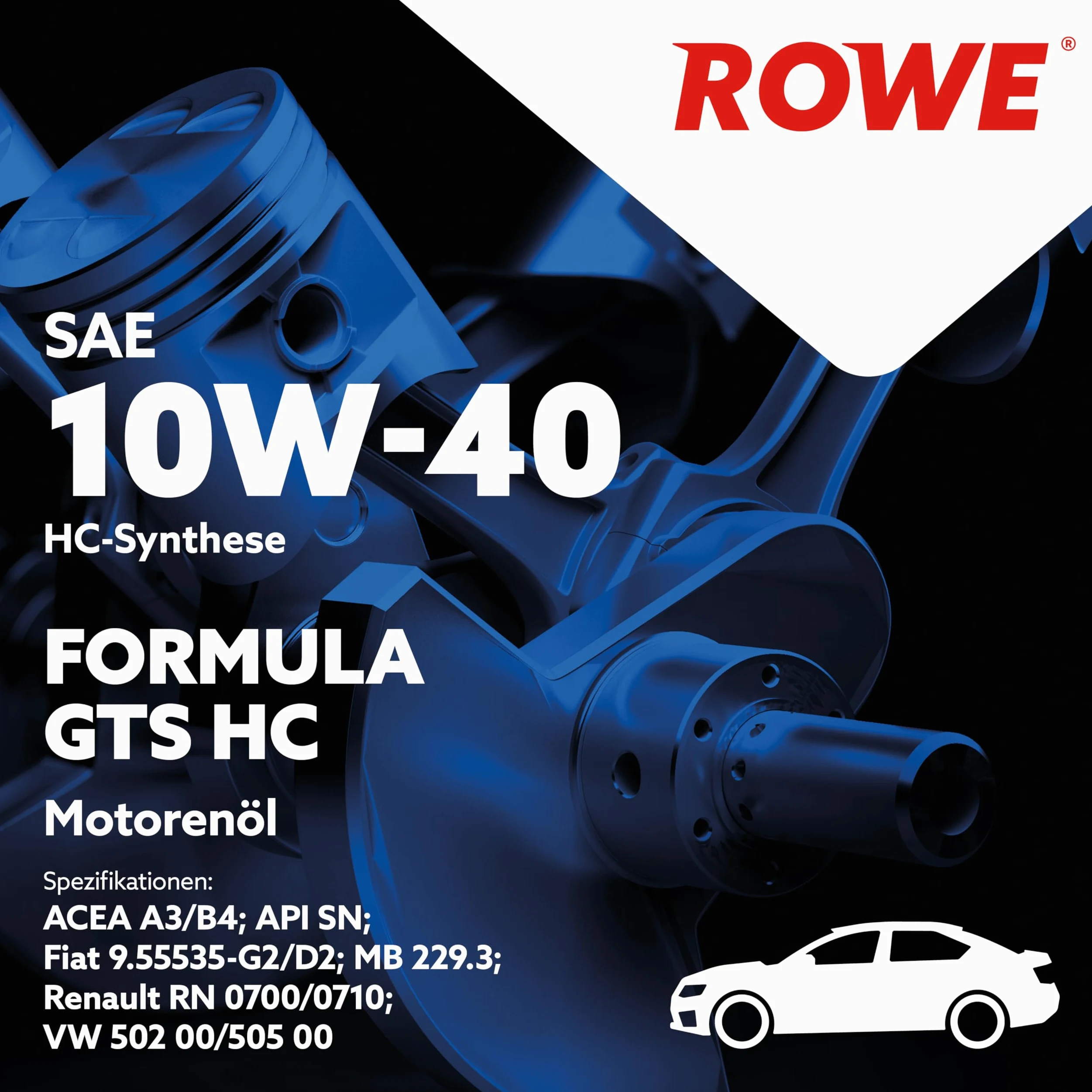 ROWE Aceite de motor 10W-40 Formula GTS HC ACEA A3/B4 API CF API SN 5L Compatible con VW Polo V Hatchback 6R1, 6C1 up! Hatchback 121, 122, BL1, BL2, BL3, 123 Golf 7 Hatchback 5G1, BQ1, BE1, BE2 | Aceite de motor suave para motores de gasolina y diésel sin