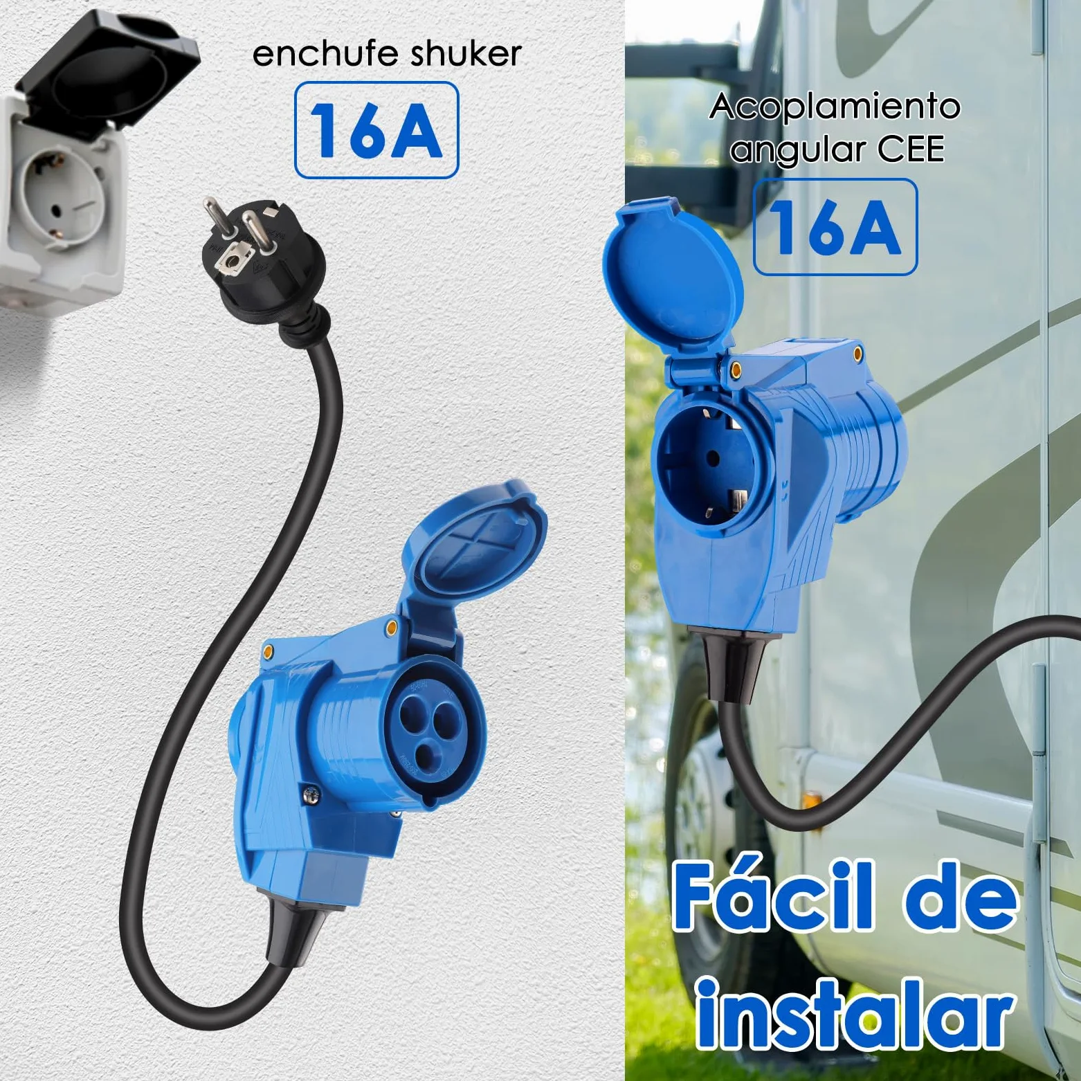 Cable Adaptador CEE acodado con Enchufe a Enchufe de protección de Contacto, Cable de 1,5 m, IP44, 250 V/16 A, 3 Polos, Toma de corriente angular cableable para Camping