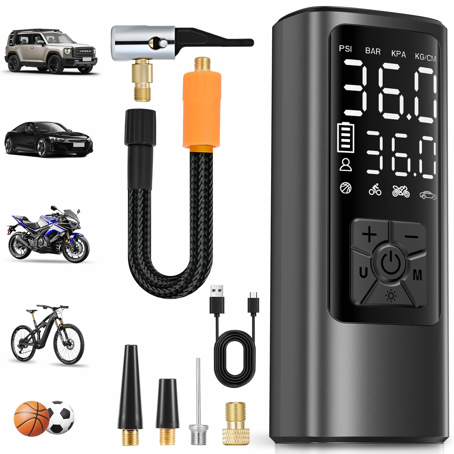 HOVVIDA Compresor Aire Portatil 150 PSI 10,3 Bar 5V Inflador Ruedas Coche Bicicleta Batería Recargable LED