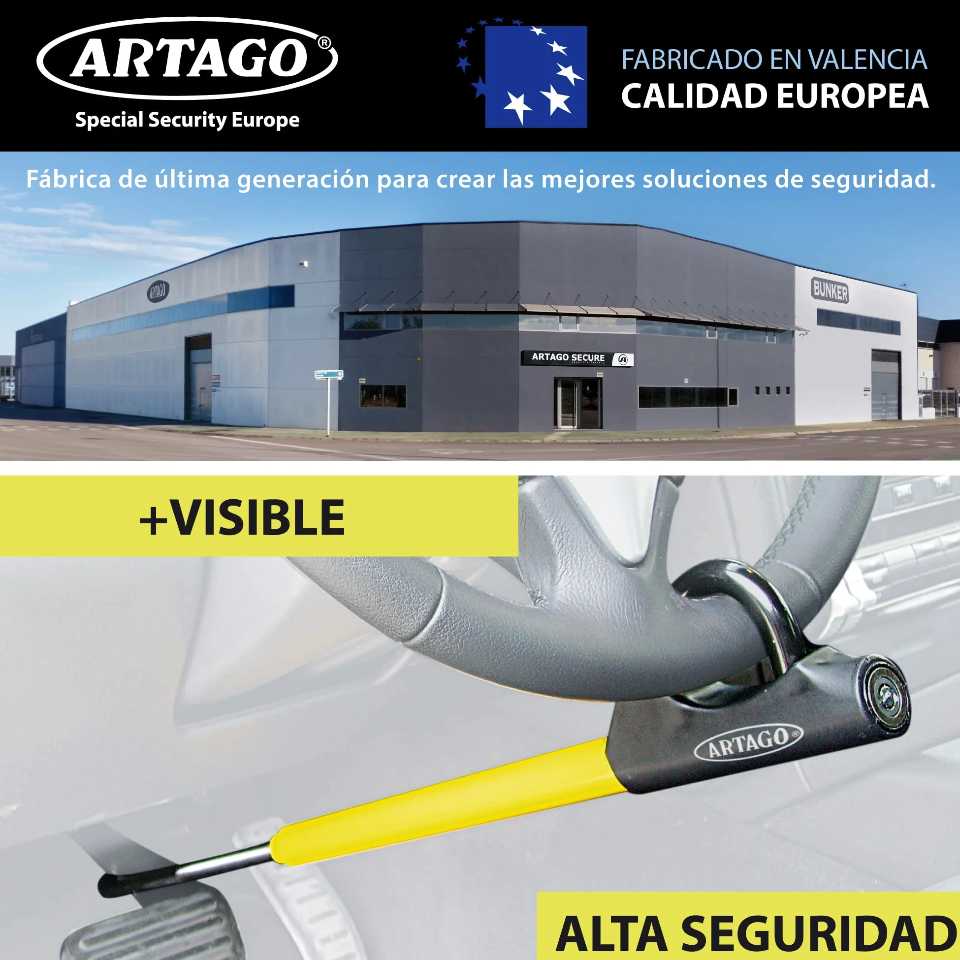ARTAGO 871 Antirrobo Coche, Alta Gama, La Barra Bloqueo Volante Pedal Más Segura y Visible, Exclusivo Ajuste Rosca Más Preciso, Cepo Coche Universal SUV Furgoneta Autocaravana