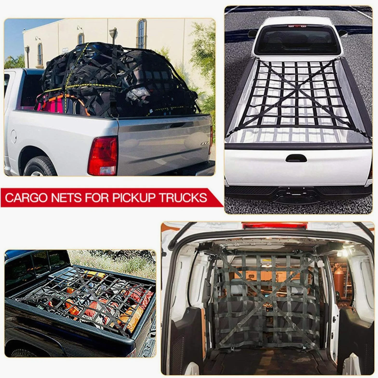 Red elástica para carga | Red de carga extensible y resistente – Red de | almacenamiento de maletero elástica ajustable con 4 cinturones fijos para SUV, coches y camiones