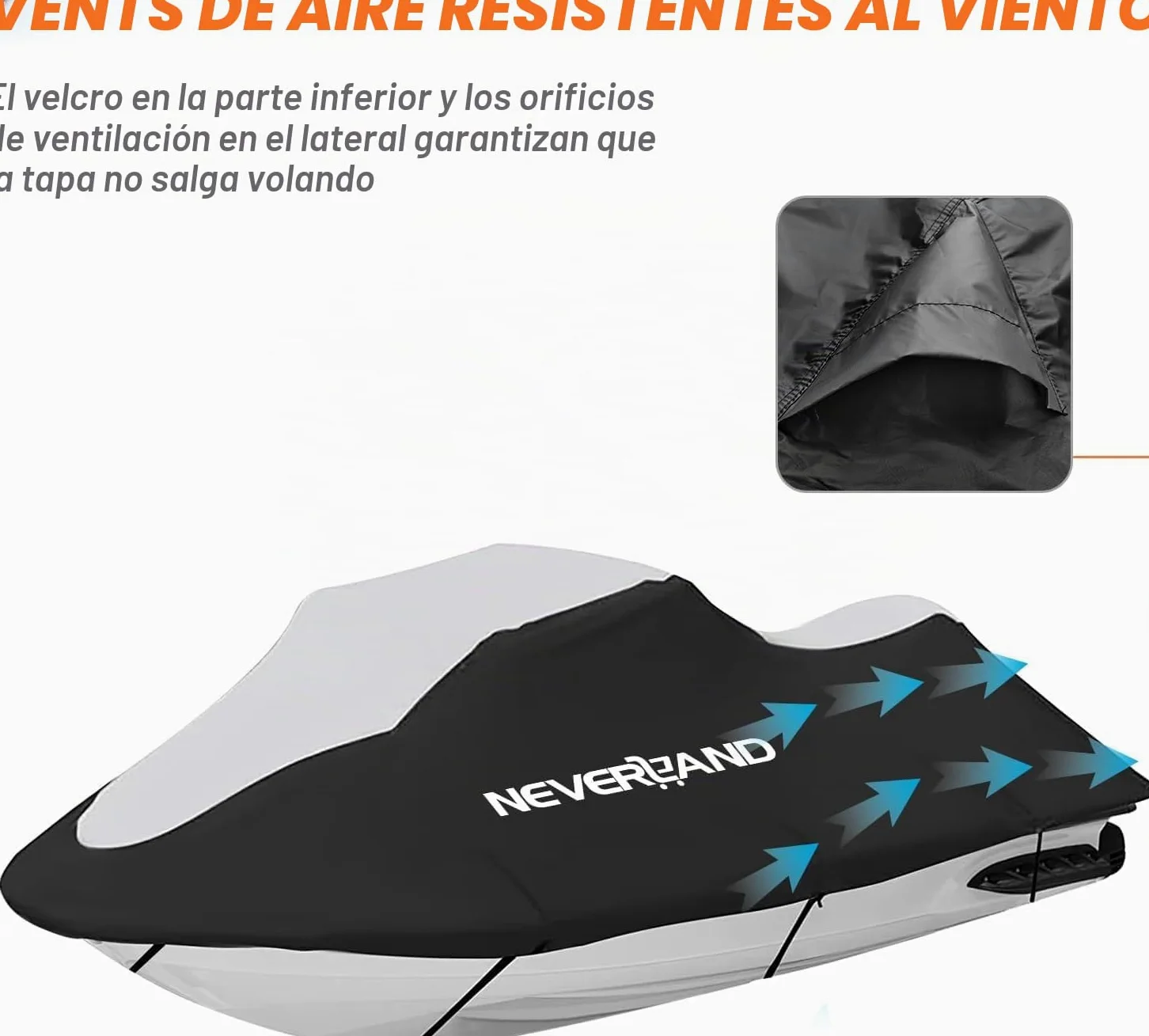 Neverland Funda para Moto acuática remolcable de 3 Asientos, Resistente al Agua, 210D con 2 Rejillas de ventilación, Grado Marino, Resistente a los Rayos UV, se Adapta hasta 145 Pulgadas