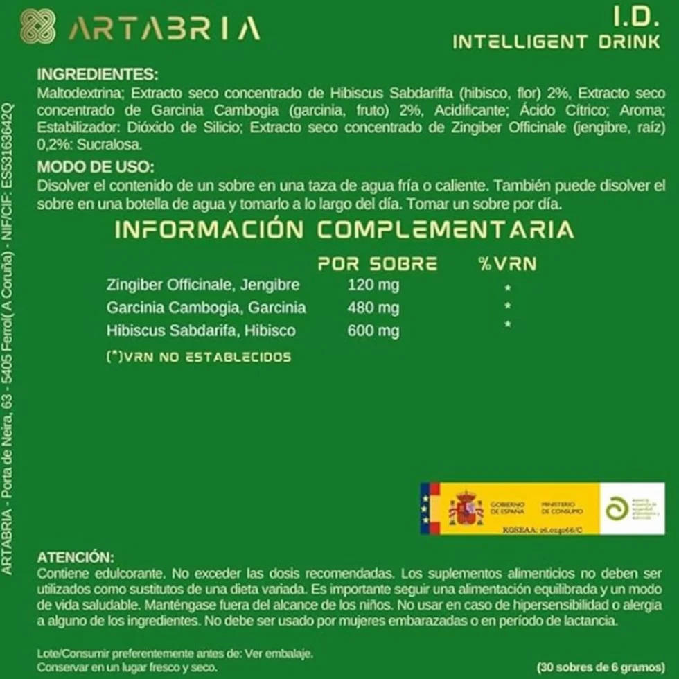 Artabria Inteligent Drink Bez Kofeiny z Imbirem, Garcinia Cambogia i Hibiskusem, 30 Saszety