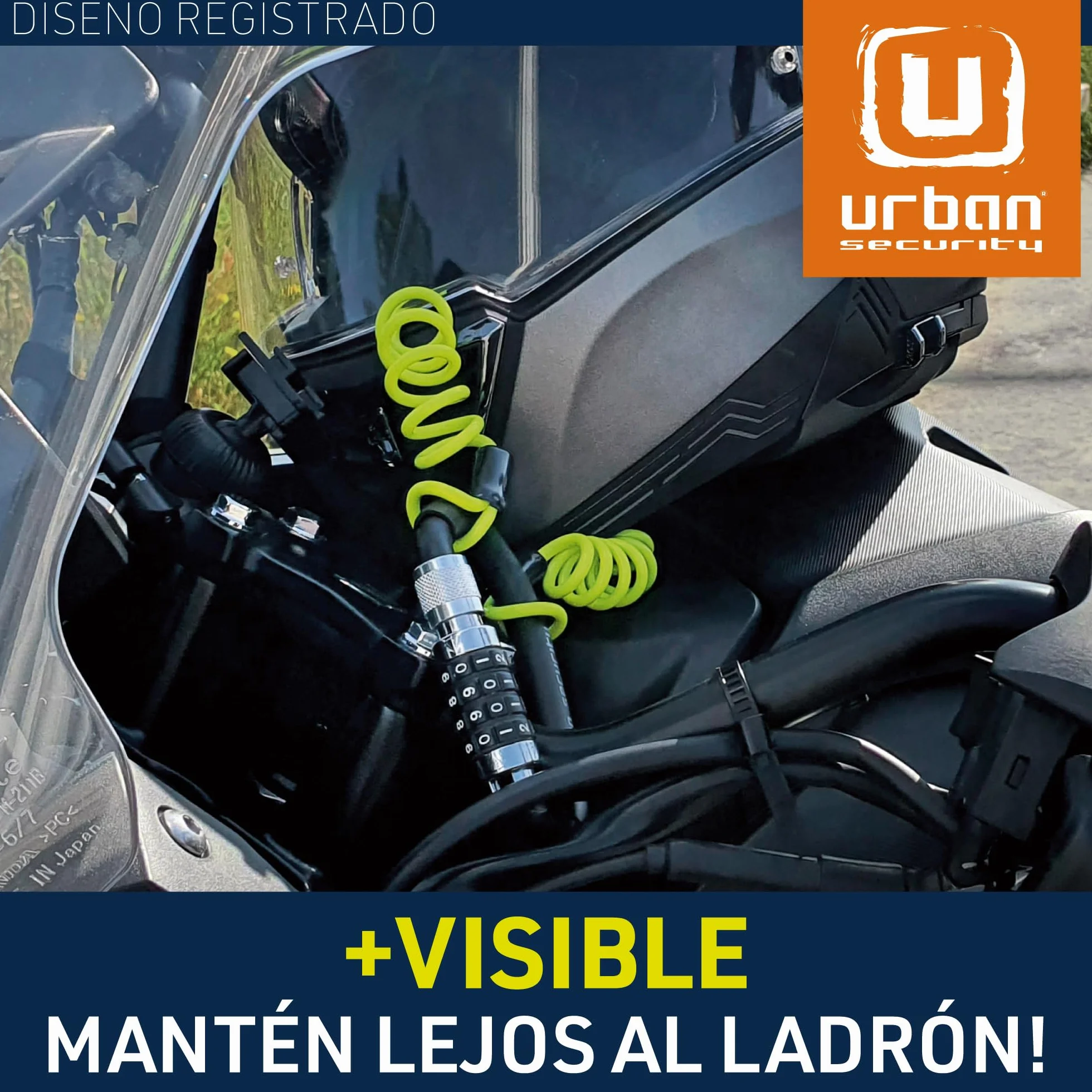 URBAN UR140 Candado Casco Moto, Mosqueton con Código 4 Digitos Más Seguro, Adaptador T Hebilla, Cable Seguridad Acero Trenzado Más Visible, Accesorio Antirrobo Universal para Casco Moto Bicicleta